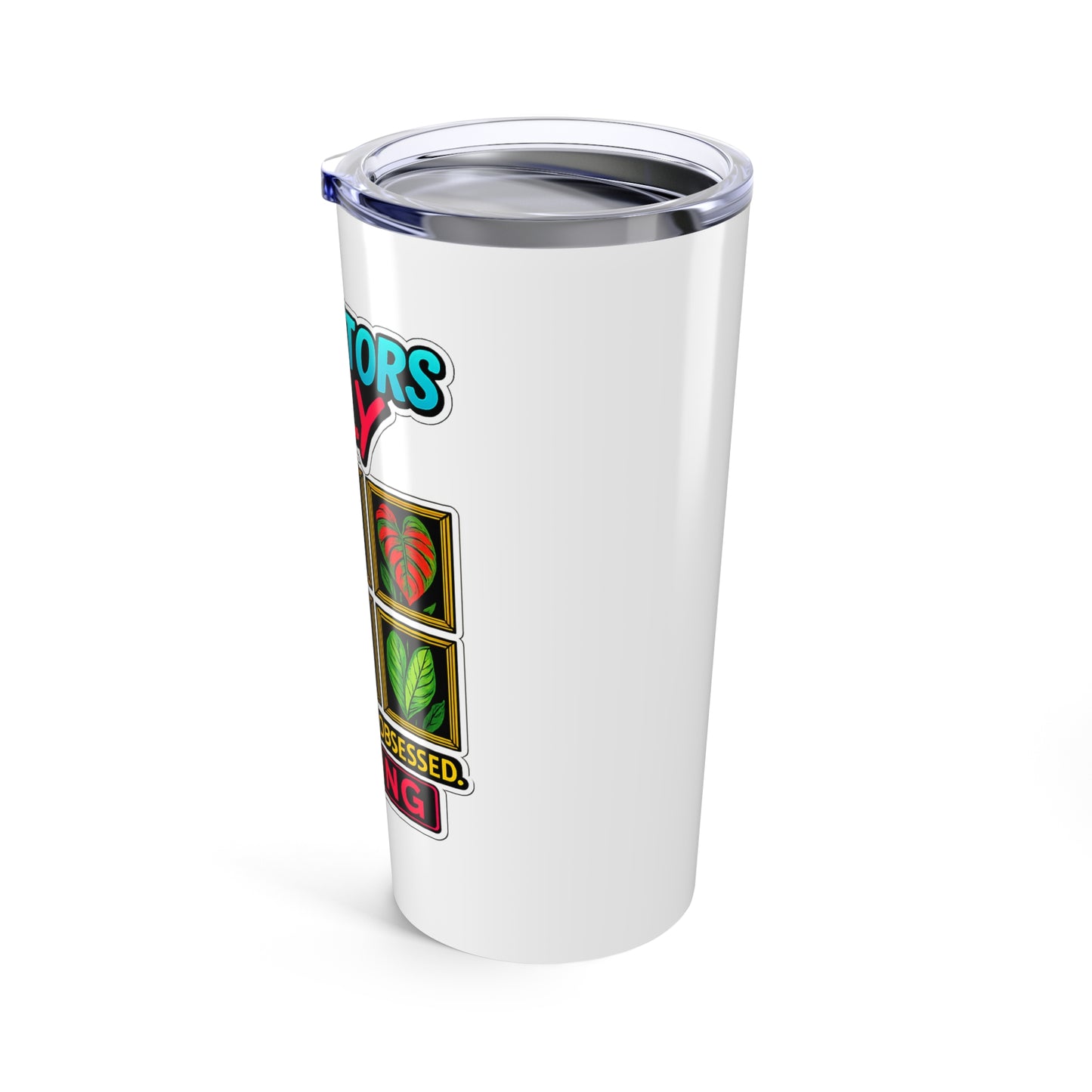 White tumbler with colorful designs on a white background