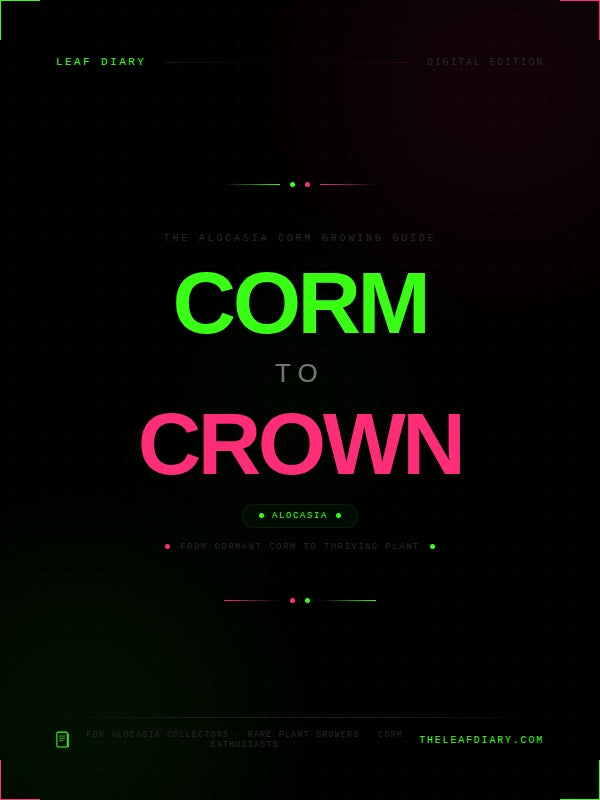 Cover of 'Corm to Crown' with green and pink text on a black background by leaf diary