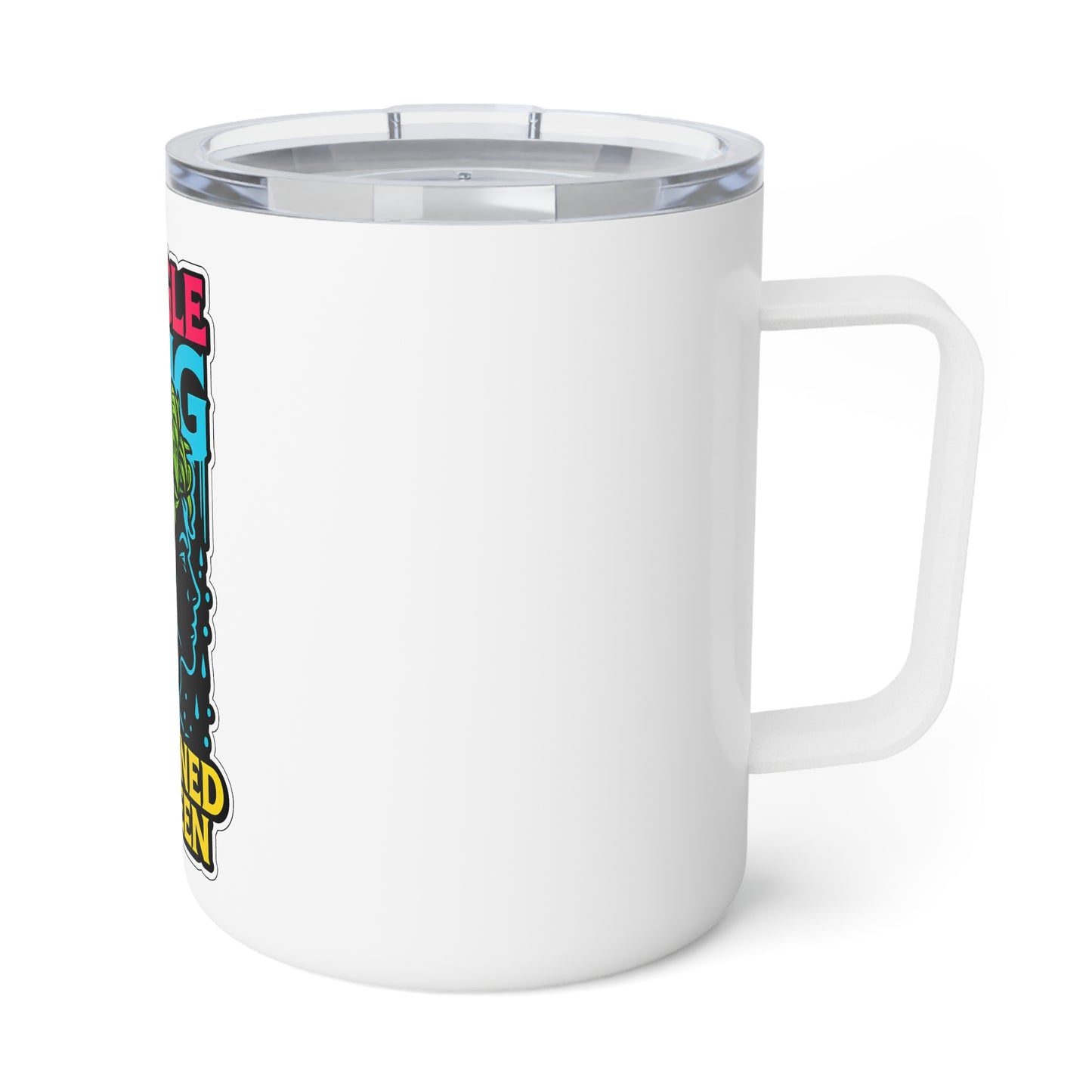 White mug with a colorful label on a white background