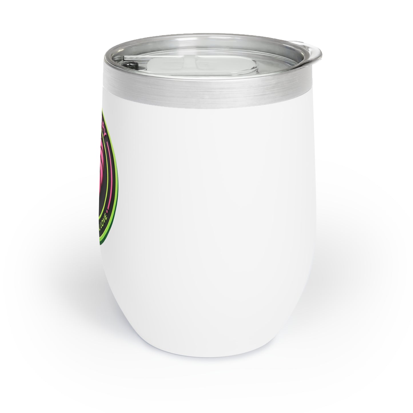White tumbler with a colorful design on a white background