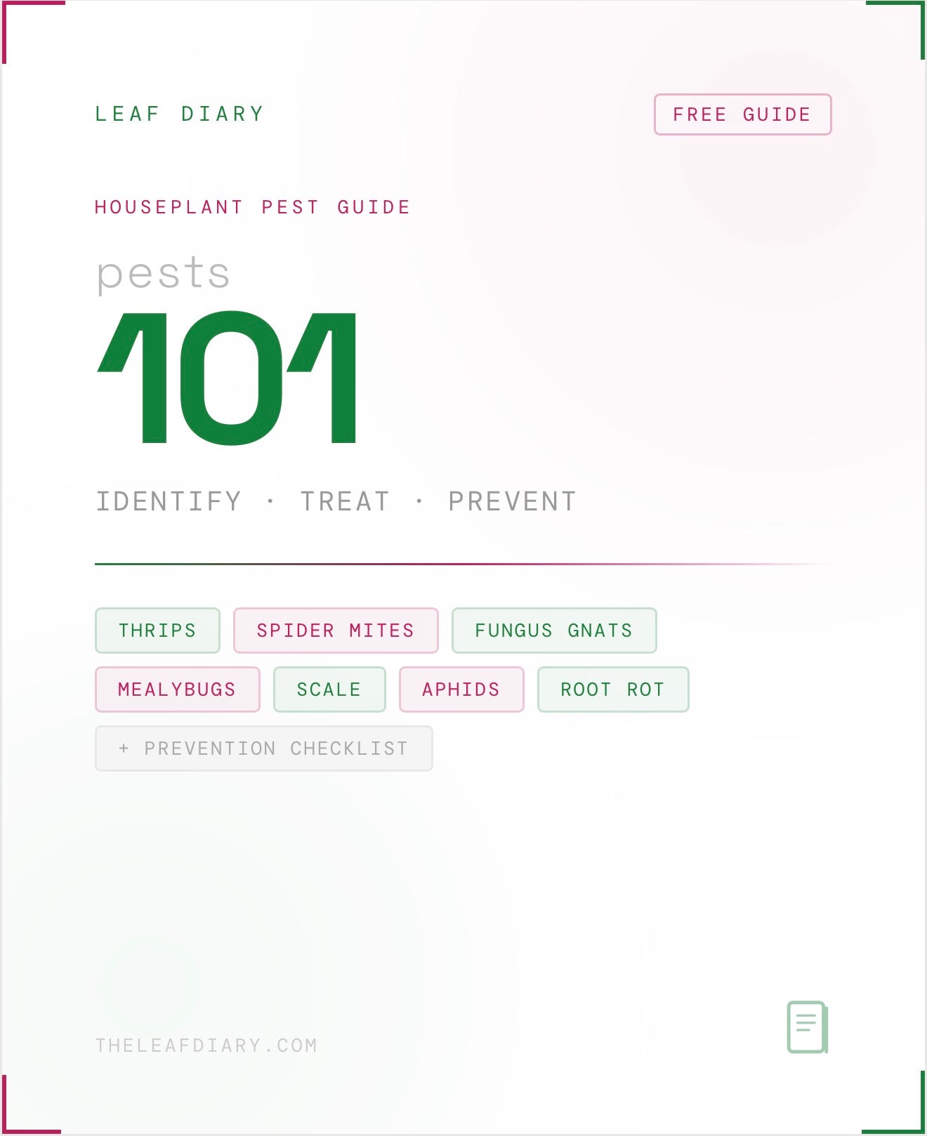 Pests 101 — Free Houseplant Pest Identification and Treatment Guide by Leaf Diary. White cover with green and pink accents listing thrips, spider mites, fungus gnats, mealybugs, scale, aphids, and root rot.