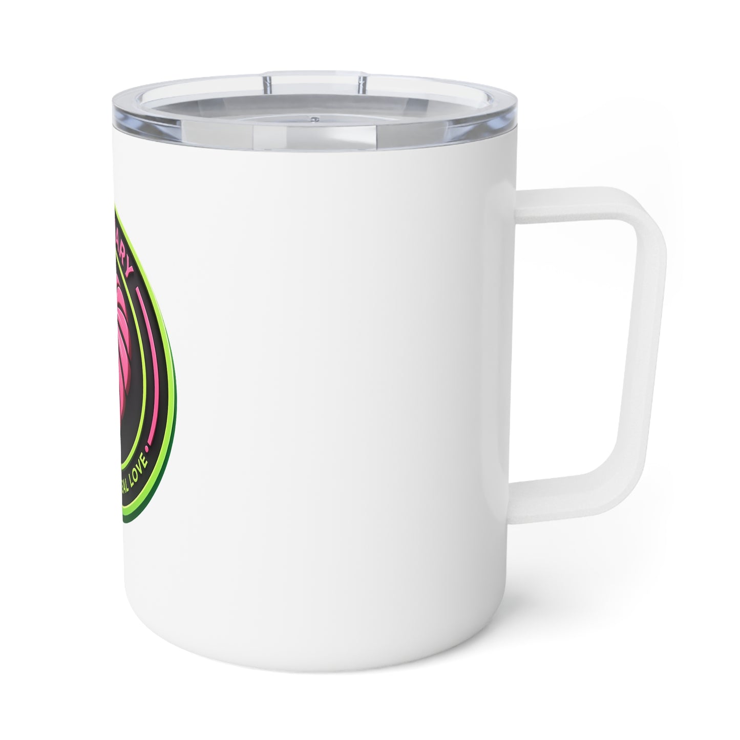 Leaf Diary insulated coffee mug side angle showing full-wrap neon monstera heart logo design in pink and green on a black background.