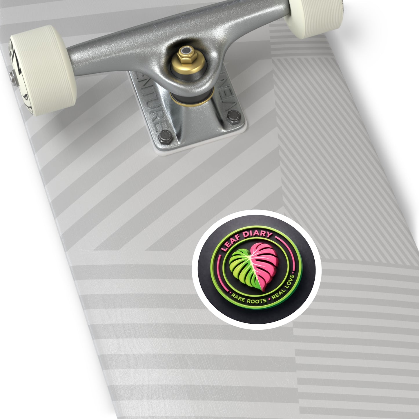 Skateboard with a 'Leaf Diary' sticker on a white background
