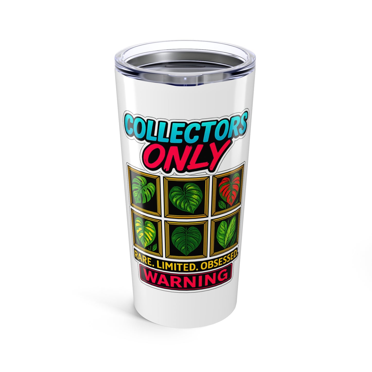Tumbler with 'Collectors Only' and leaf design on a white background