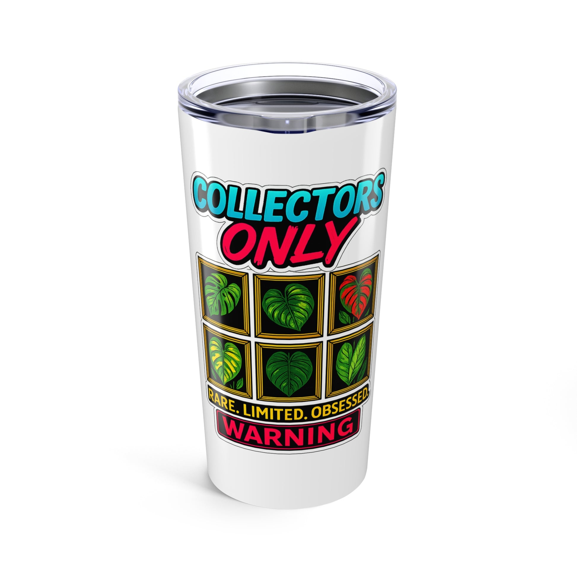 Tumbler with 'Collectors Only' and leaf design on a white background