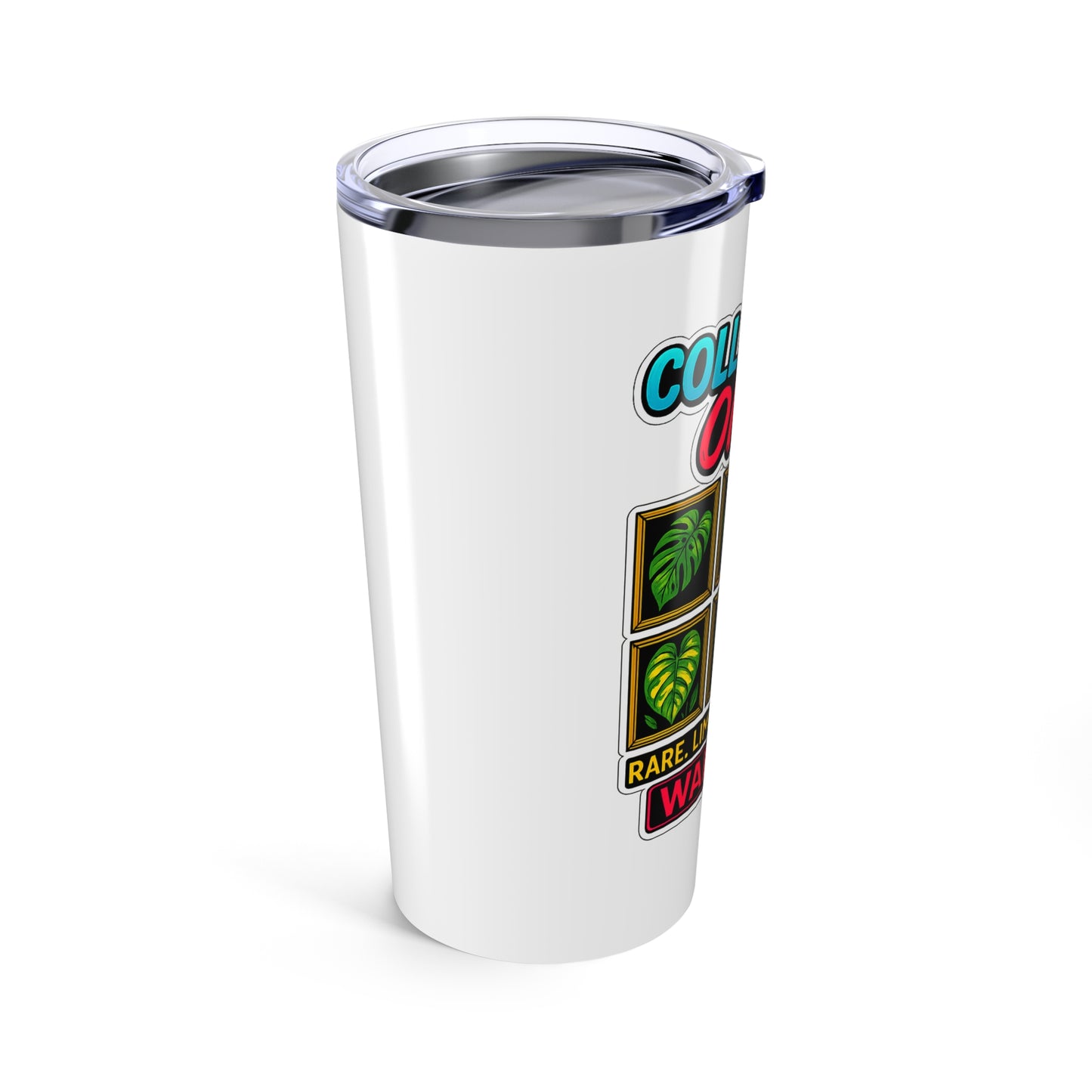 White tumbler with colorful graphics on a white background