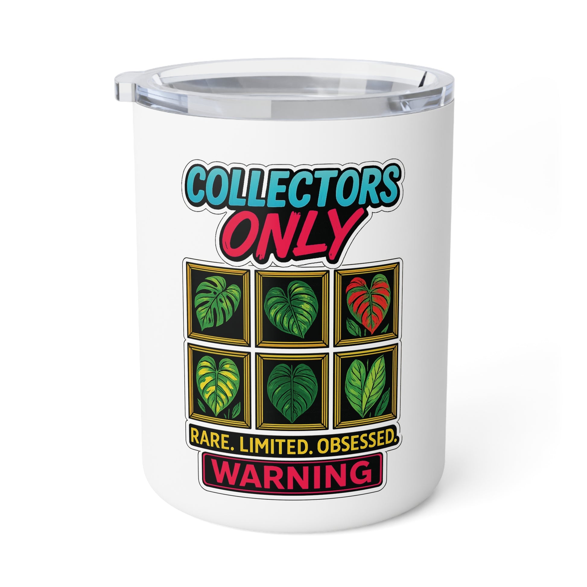 White tumbler with colorful text and leaf design on a white background