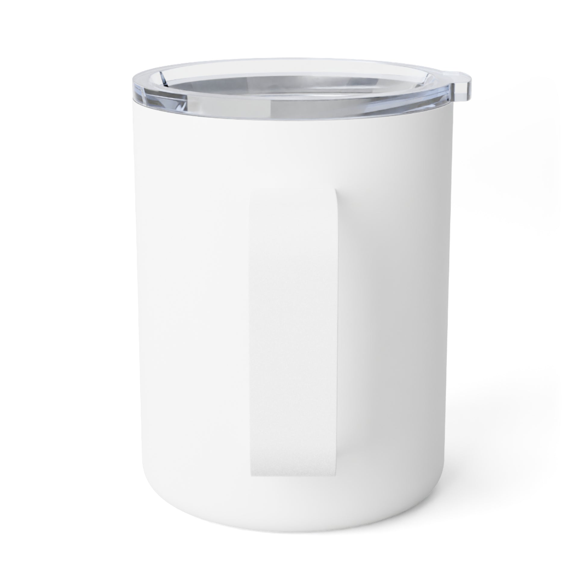 White tumbler with a clear lid on a white background