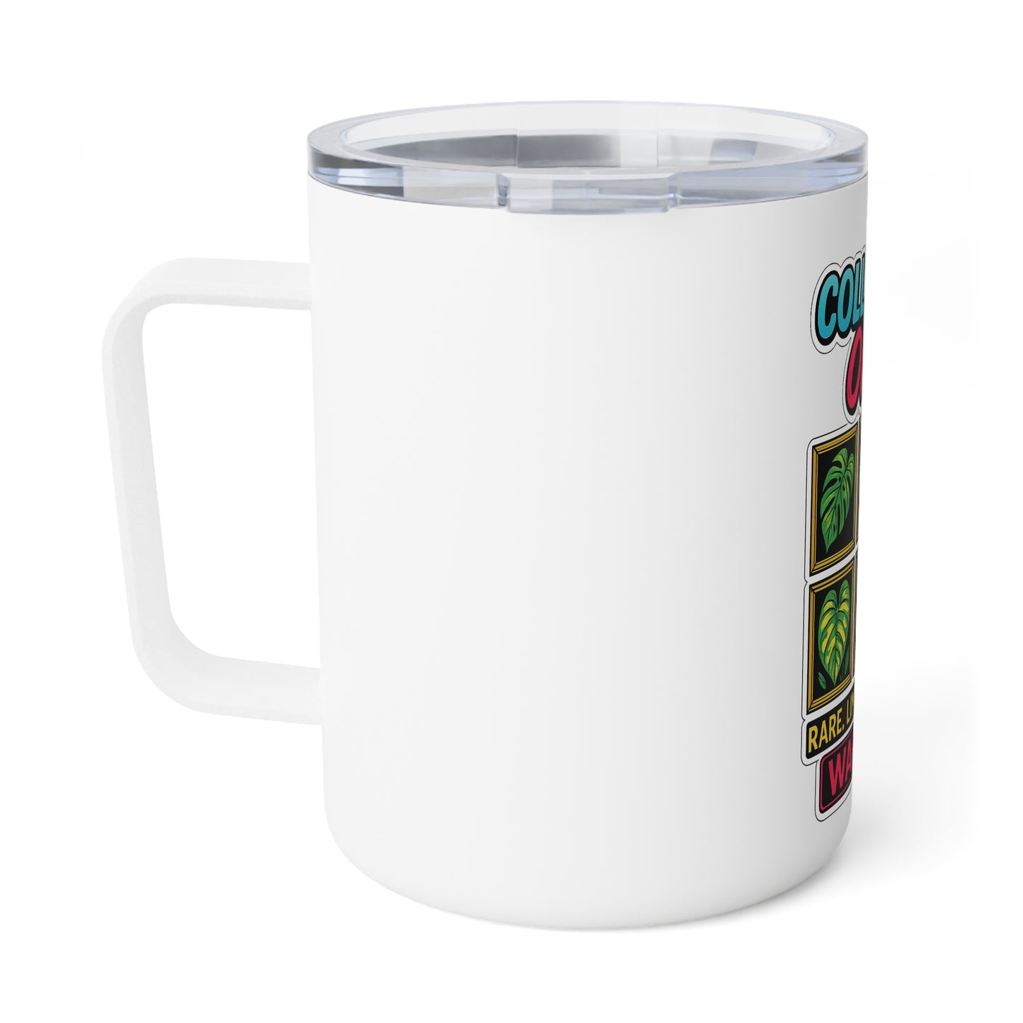 White mug with colorful graphics on a white background