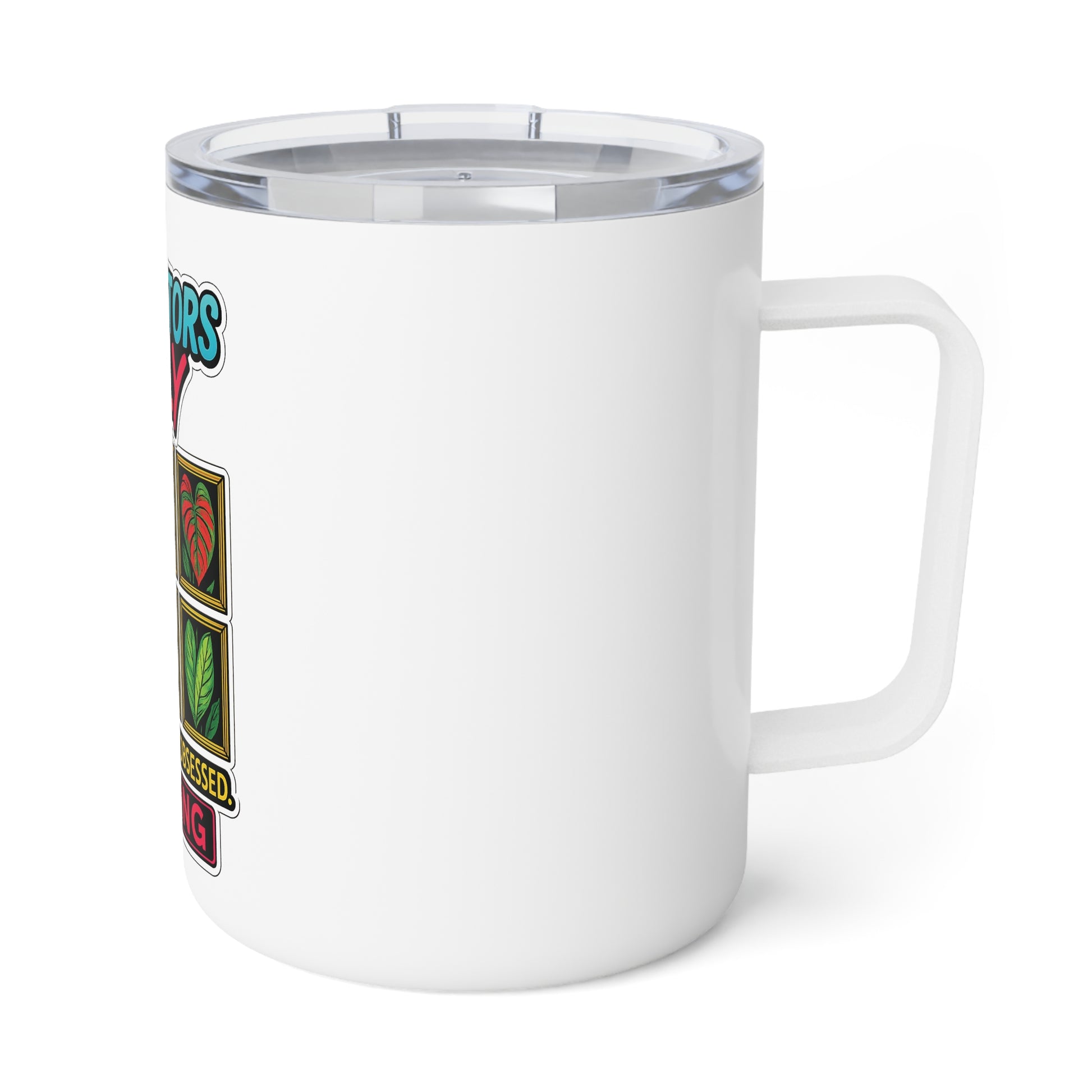 White mug with colorful design on a white background
