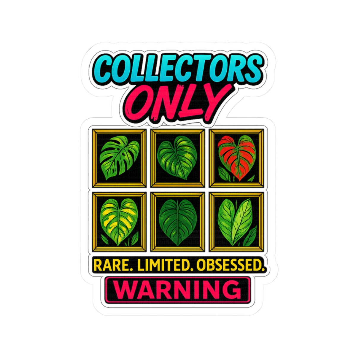 Sticker with leaf designs and text 'Collectors Only' and 'Warning' on a white background