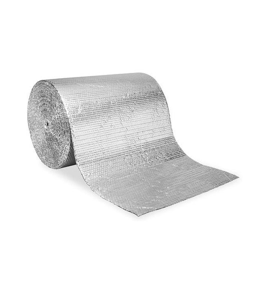 Roll of silver reflective insulation on a white background