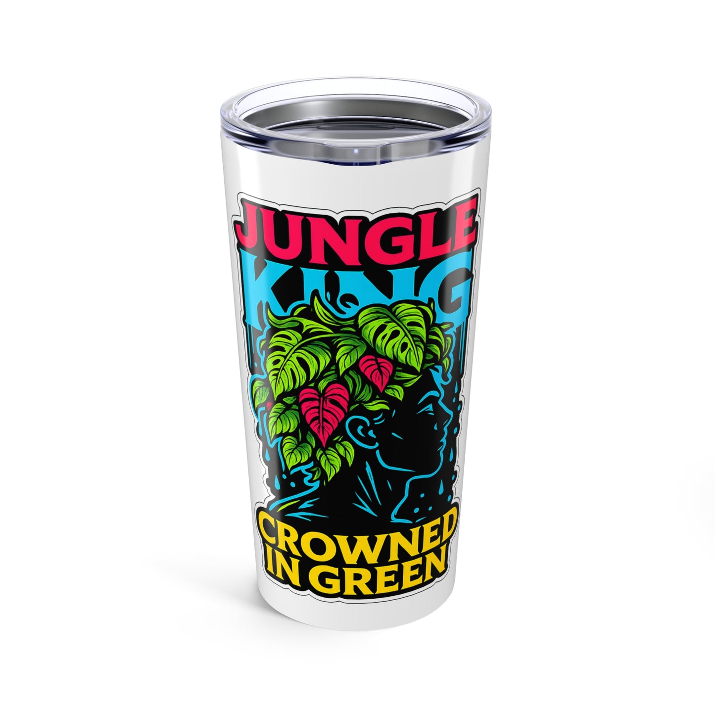 Tumbler with 'Jungle Crowned in Green' design on a white background