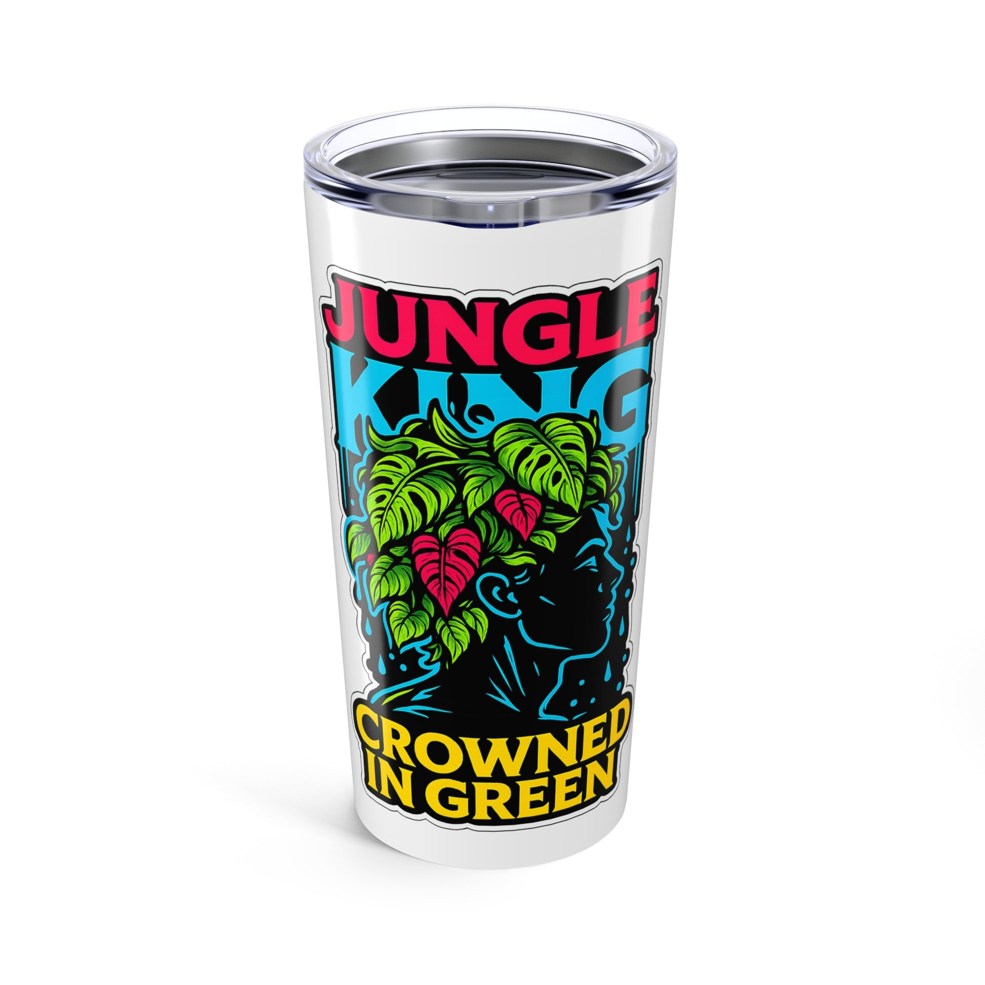 Tumbler with 'Jungle Crowned in Green' design on a white background