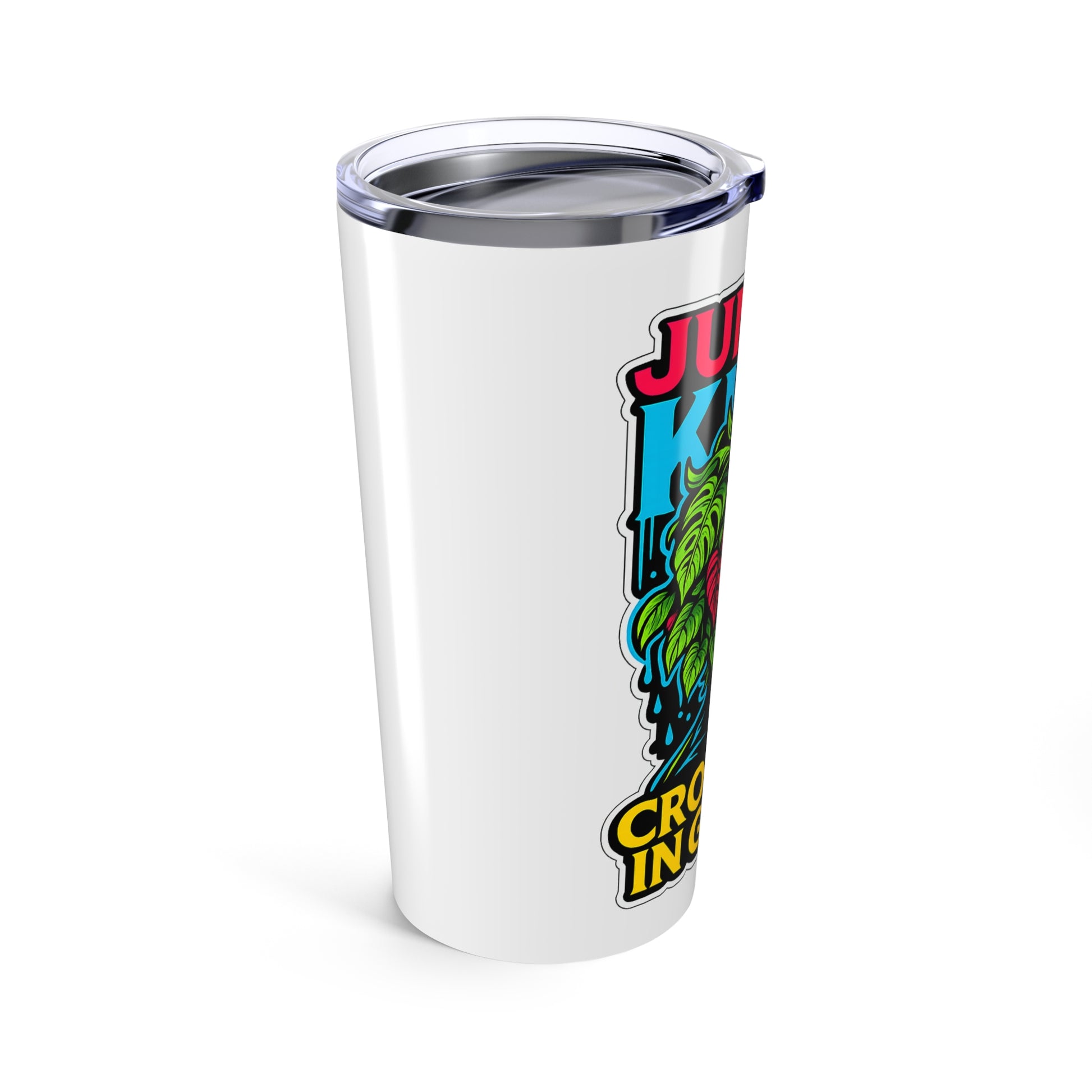 White tumbler with colorful graphic design on a white background