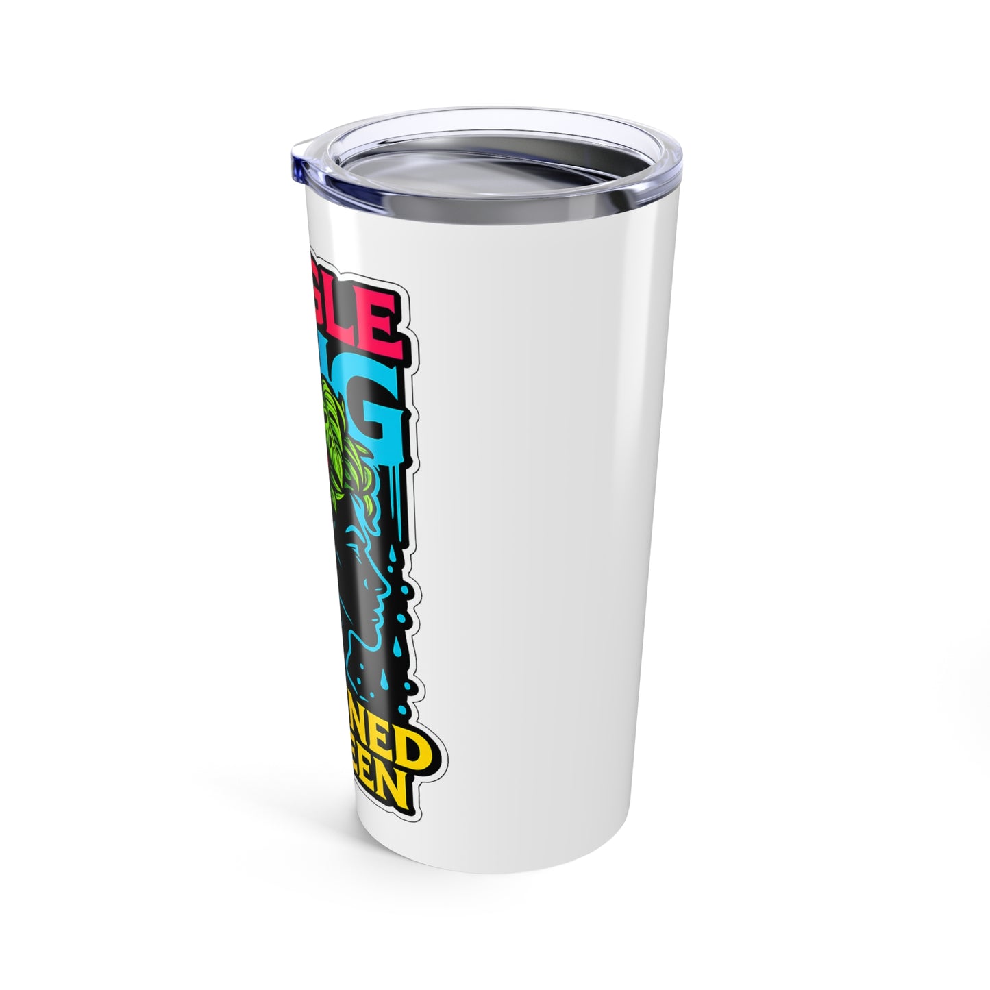 White tumbler with colorful text design on a white background
