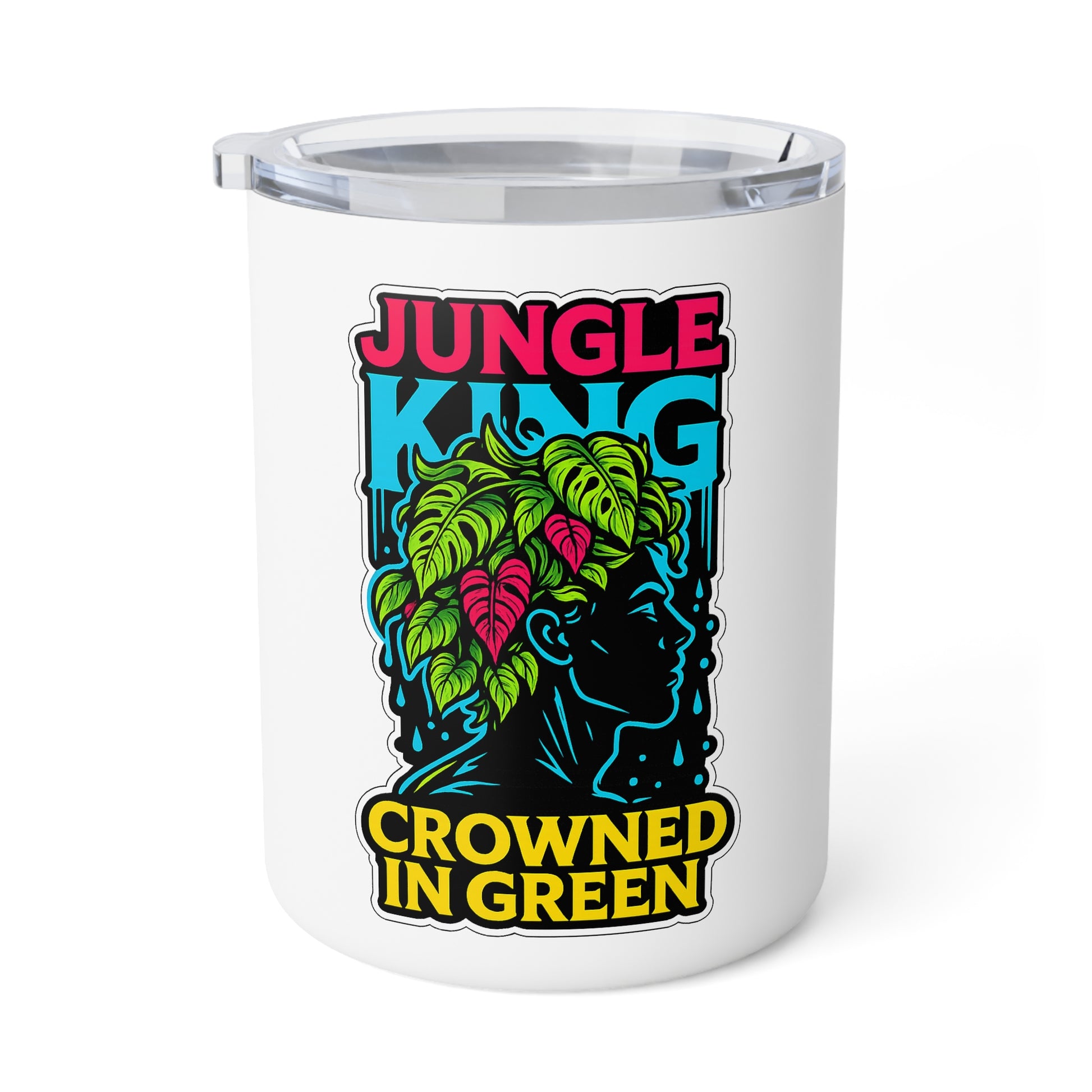 White tumbler with colorful graphic design featuring text and a silhouette of a person with foliage.