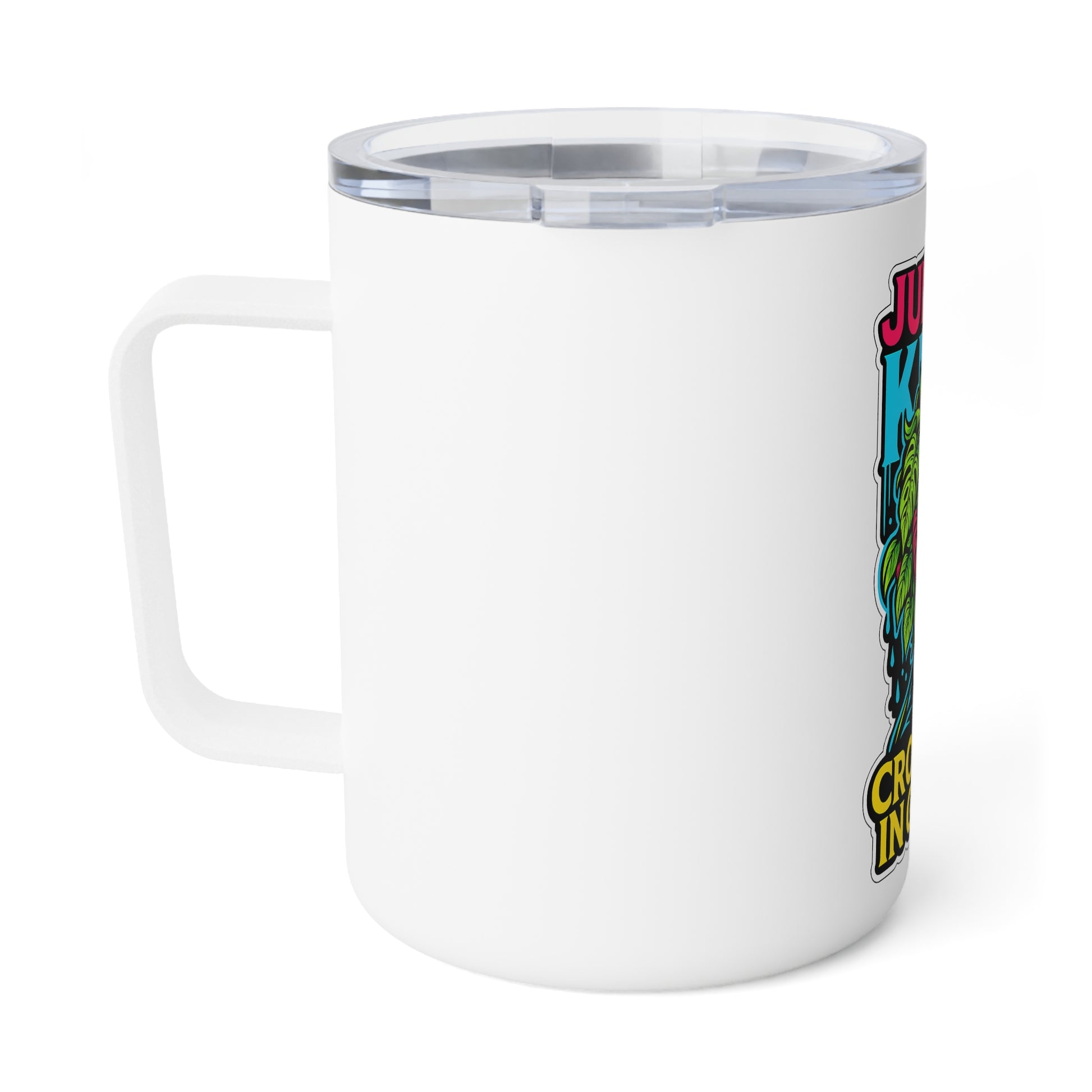 White mug with colorful graphic design on a white background