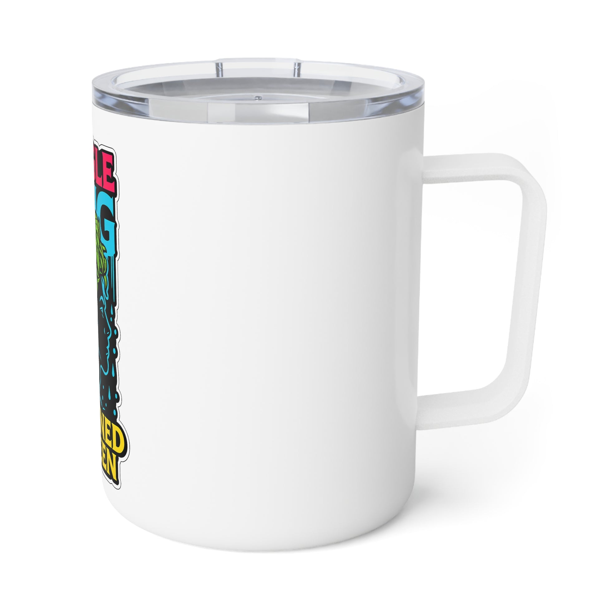 White mug with a colorful label on a white background
