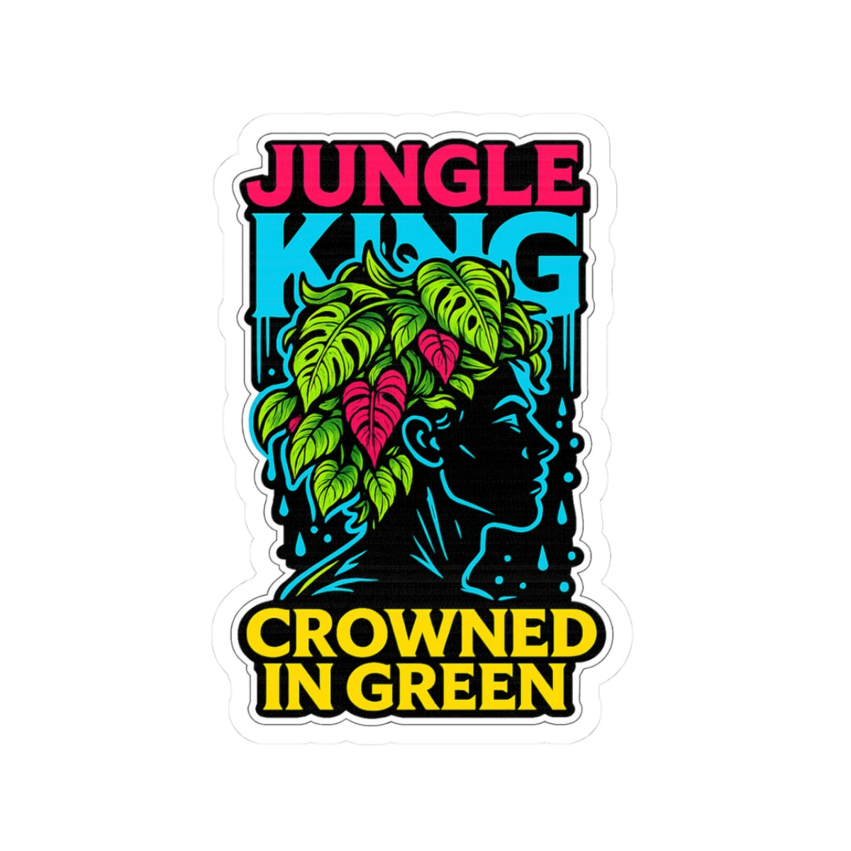 Sticker with 'Jungle King Crowned in Green' design featuring a person with leaves and flowers on a white background.