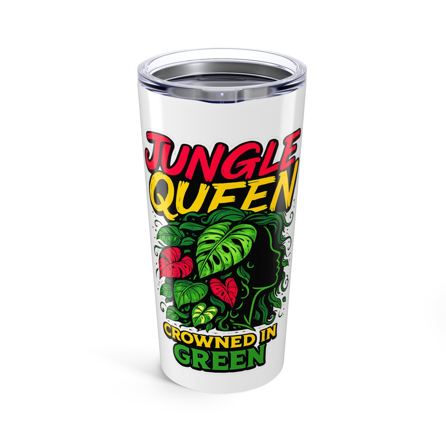 Tumbler with 'Jungle Queen, Crowned in Green' design on a white background