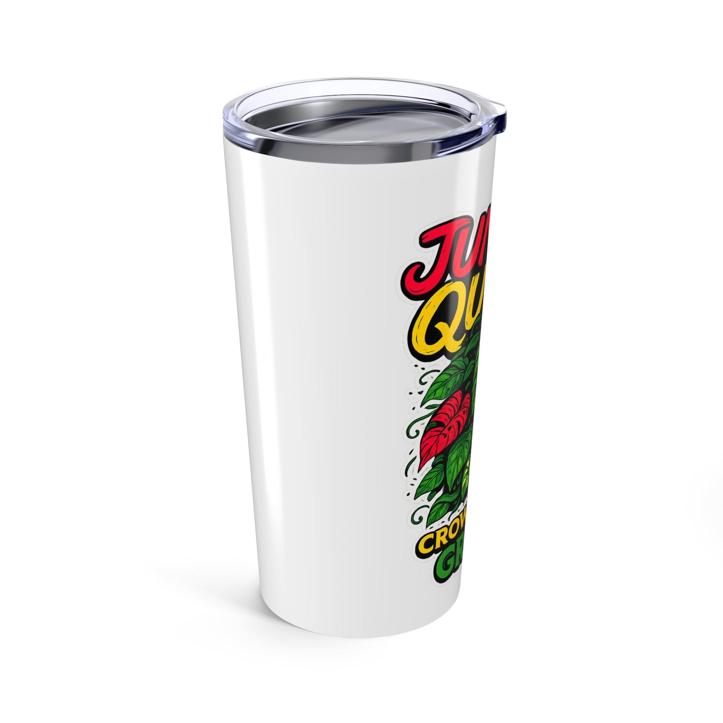 White tumbler with colorful design and text on a white background