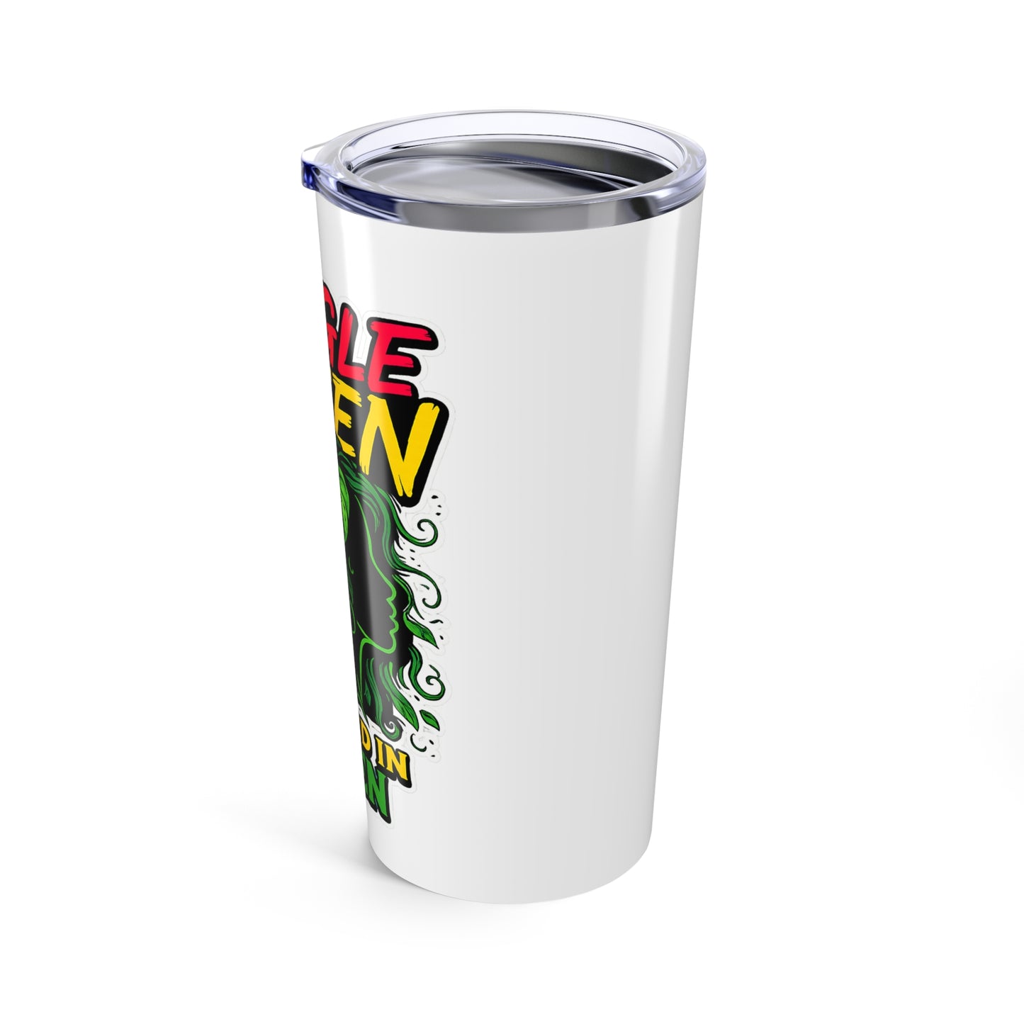 White tumbler with colorful graphic design on a white background