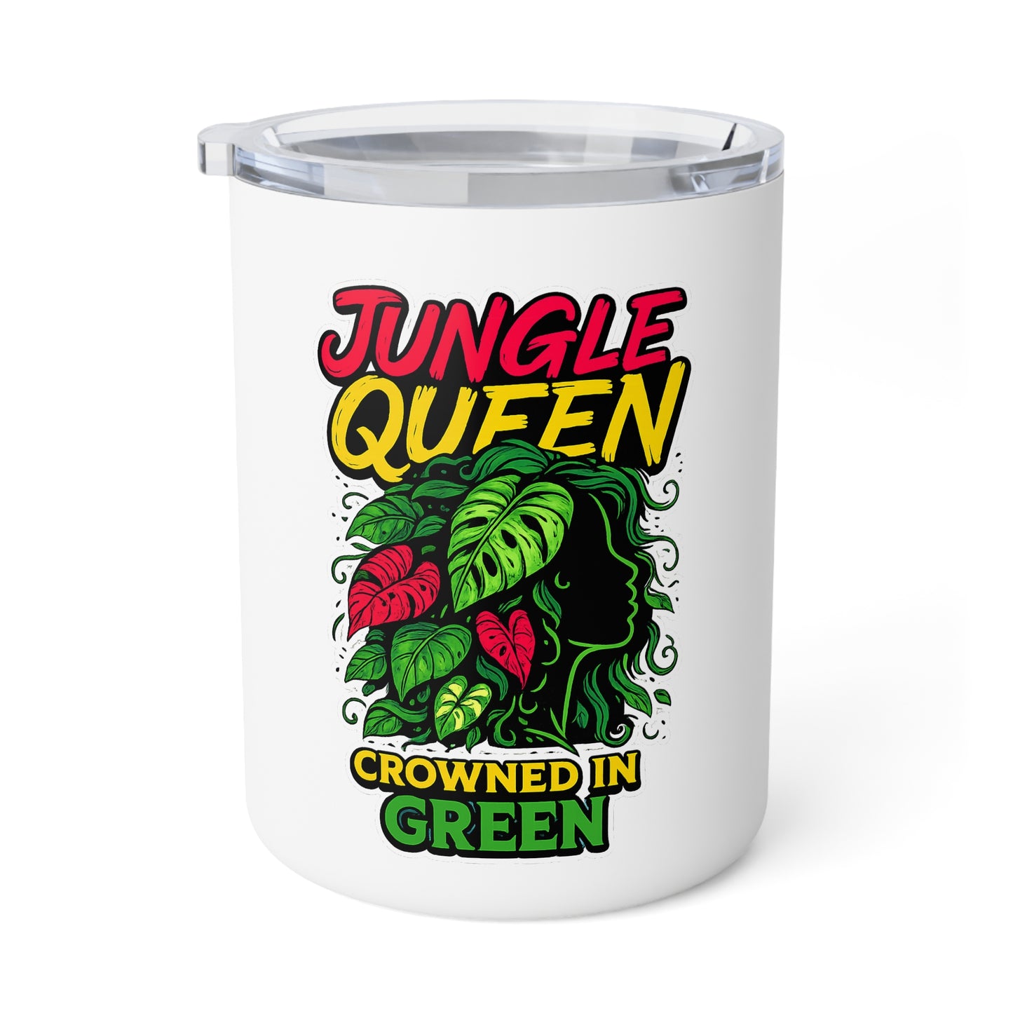 White tumbler with 'Jungle Queen Crowned in Green' design on a white background