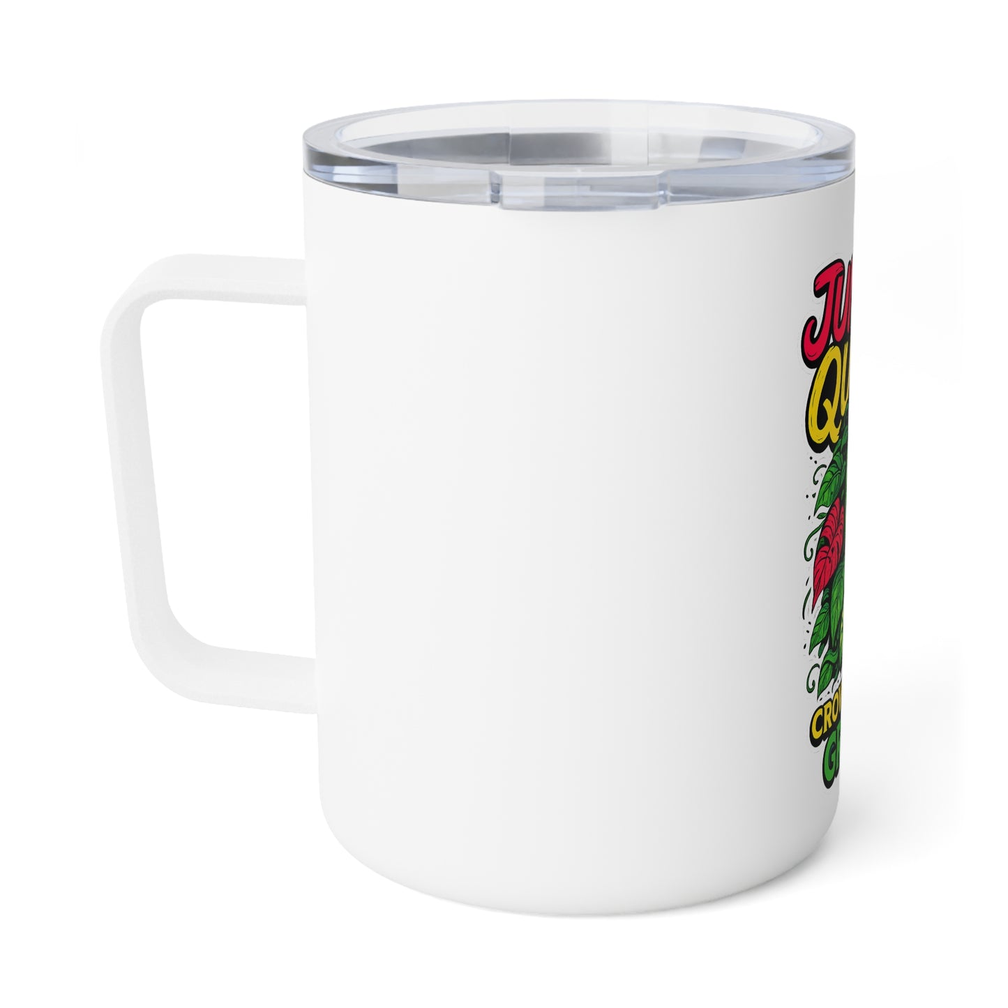 White mug with colorful graphic design on a white background