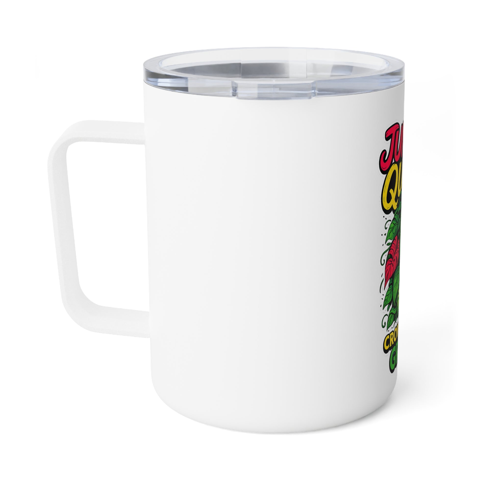 White mug with colorful graphic design on a white background