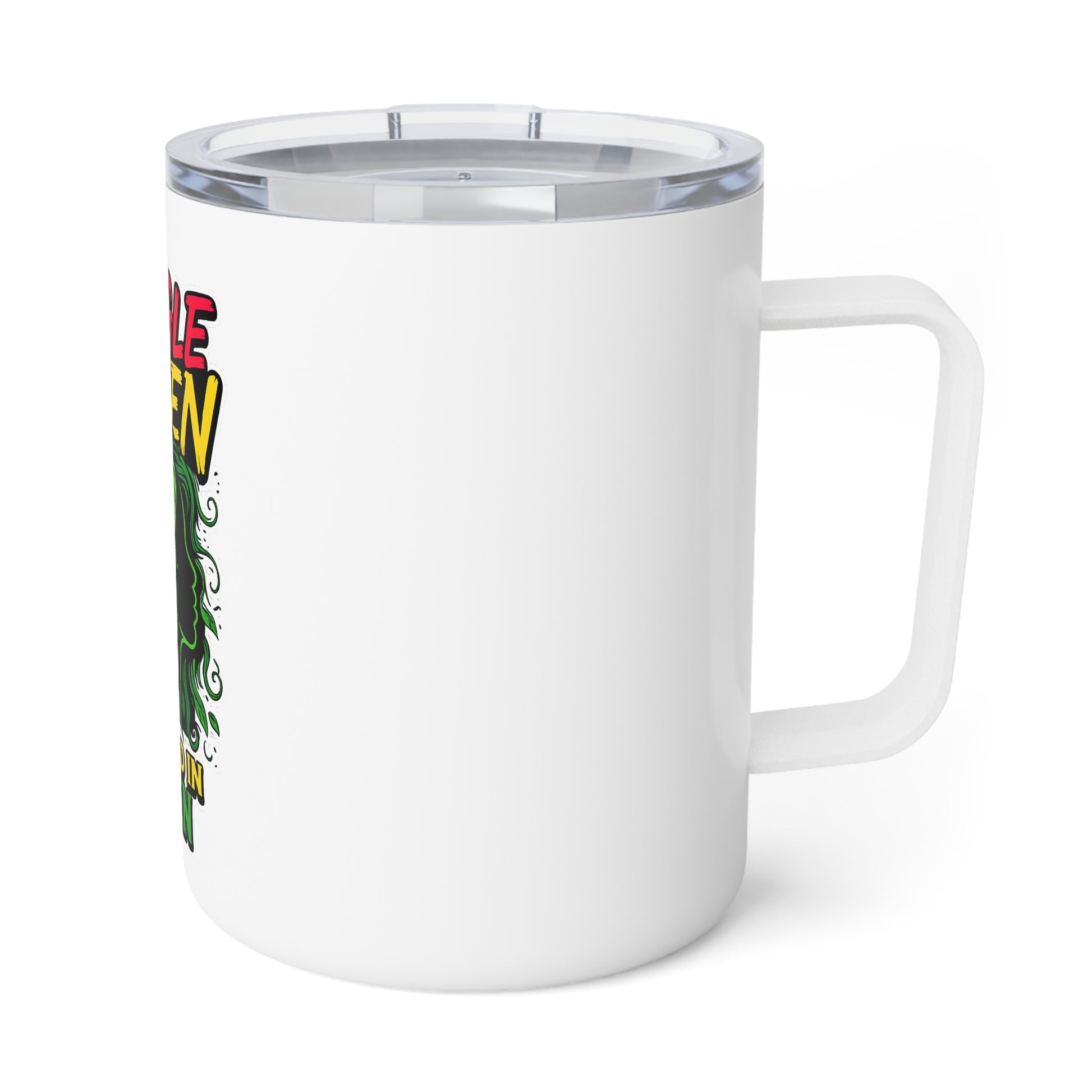 White mug with colorful text and design on a white background