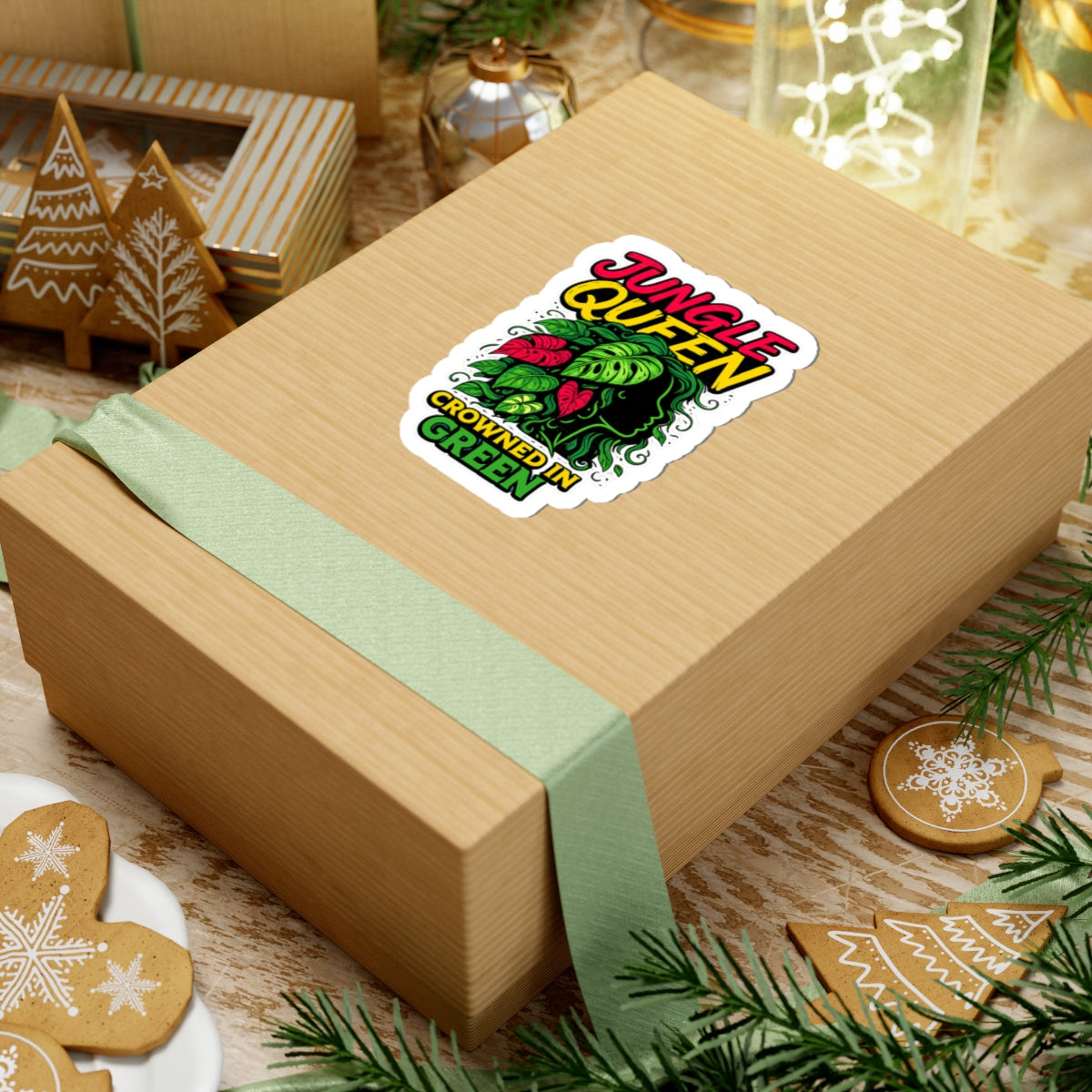 Wooden gift box with a 'Jungle Queen' sticker on a festive background with cookies and decorations.