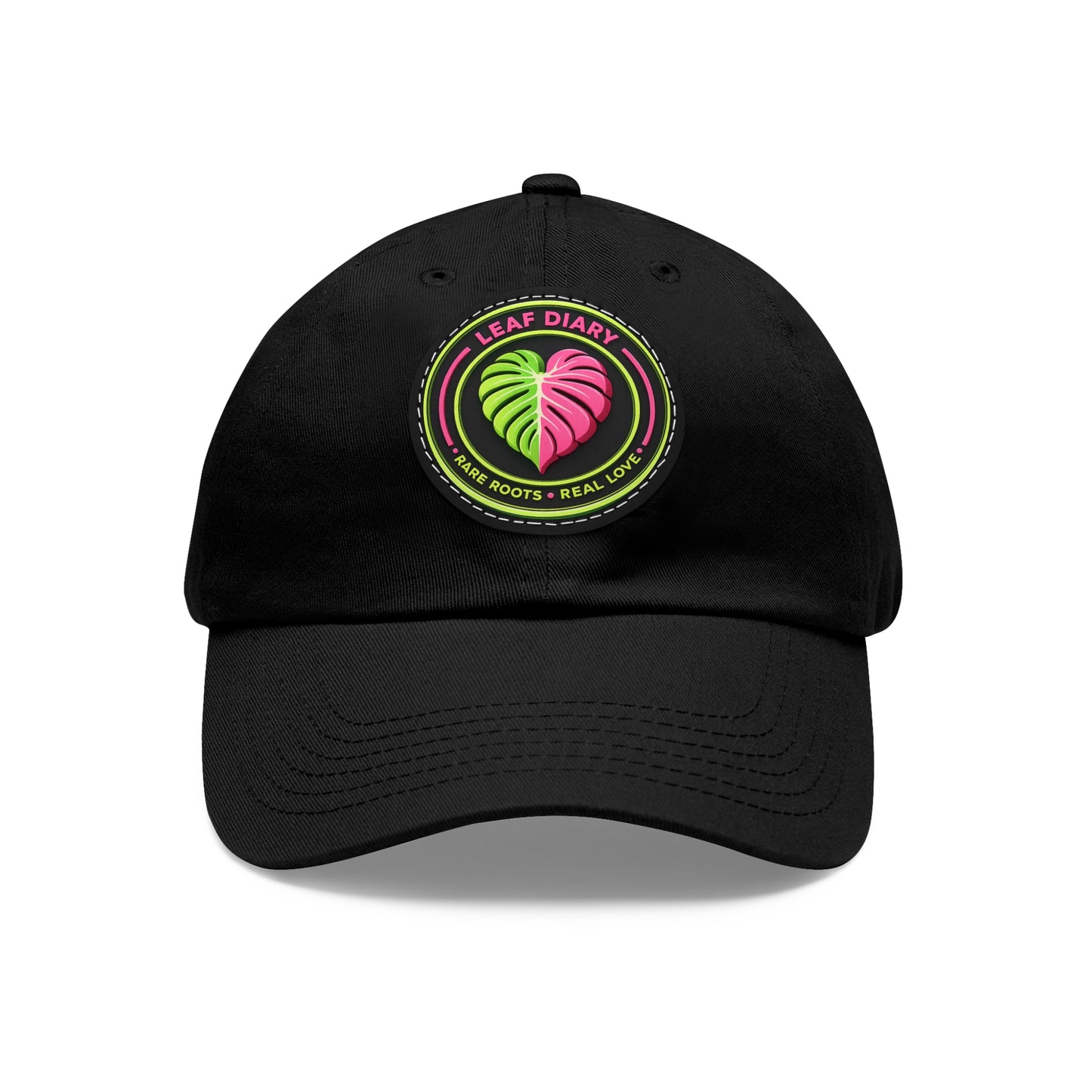 Black cap with a colorful logo on a white background