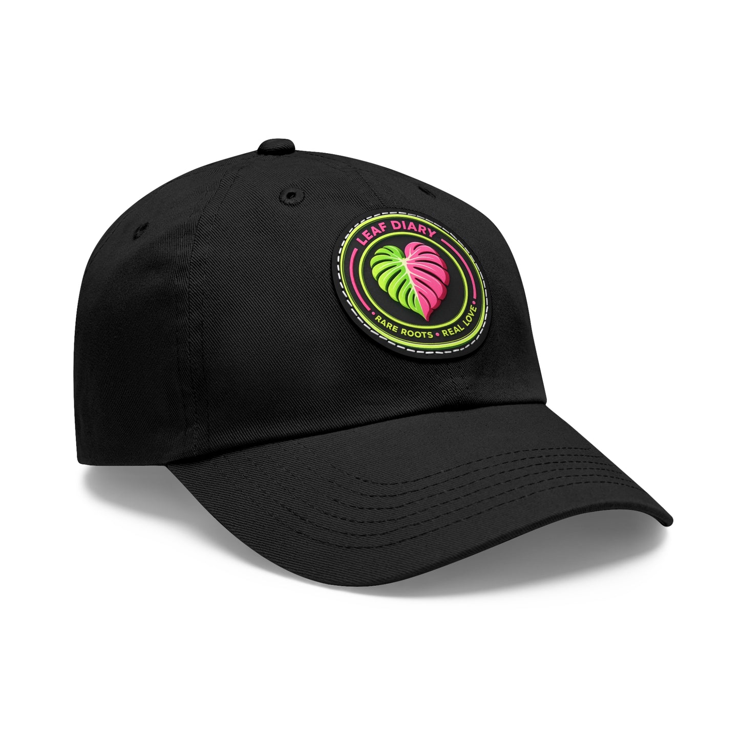 Black cap with a colorful logo on a white background