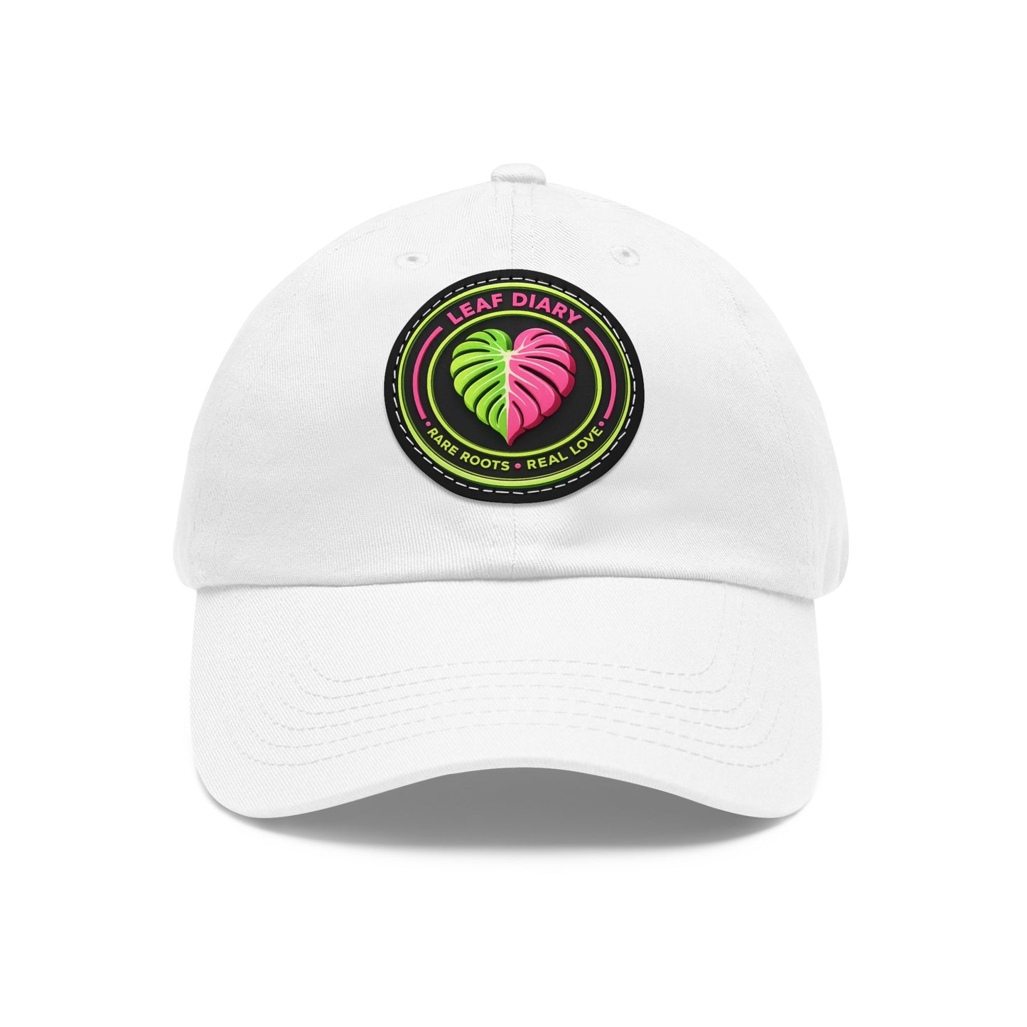 White cap with a colorful logo on a white background