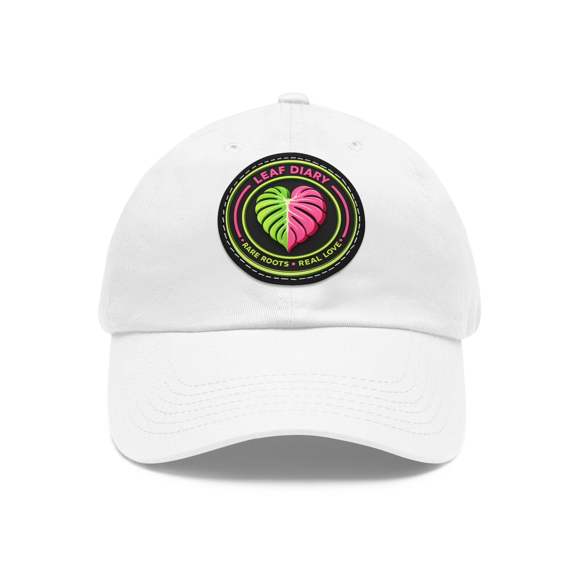 White cap with a colorful logo on a white background