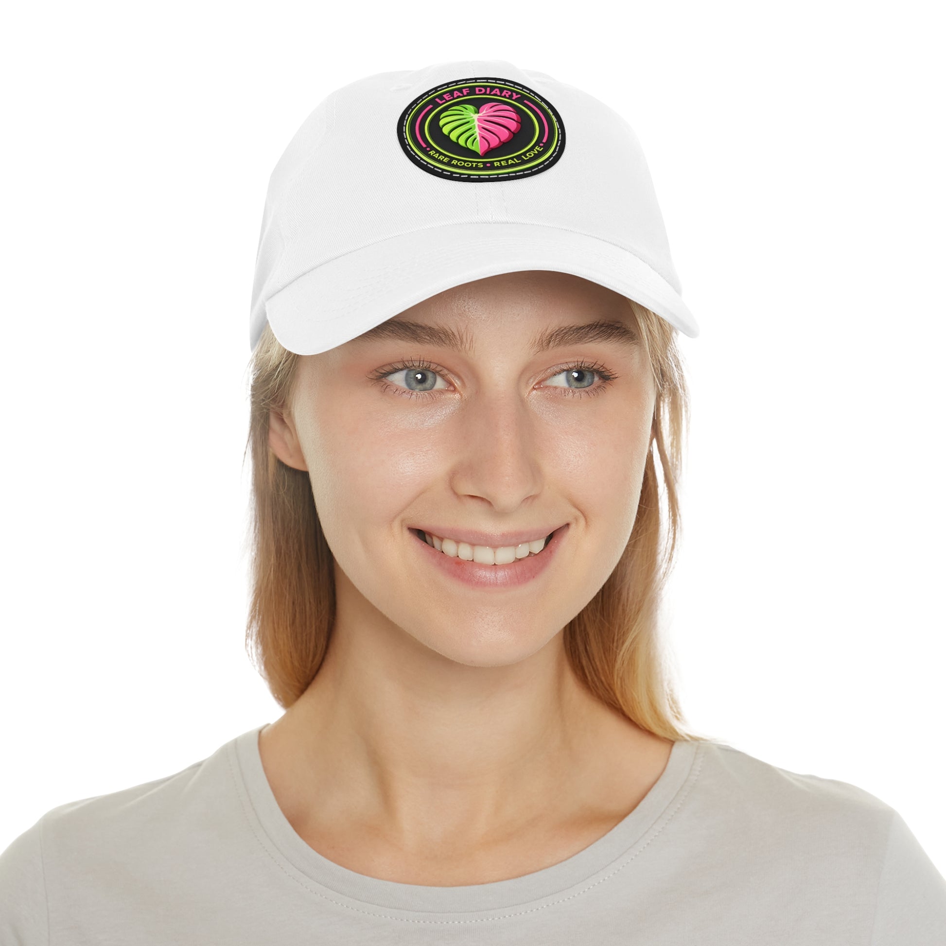 Person wearing a white cap with a logo on a white background