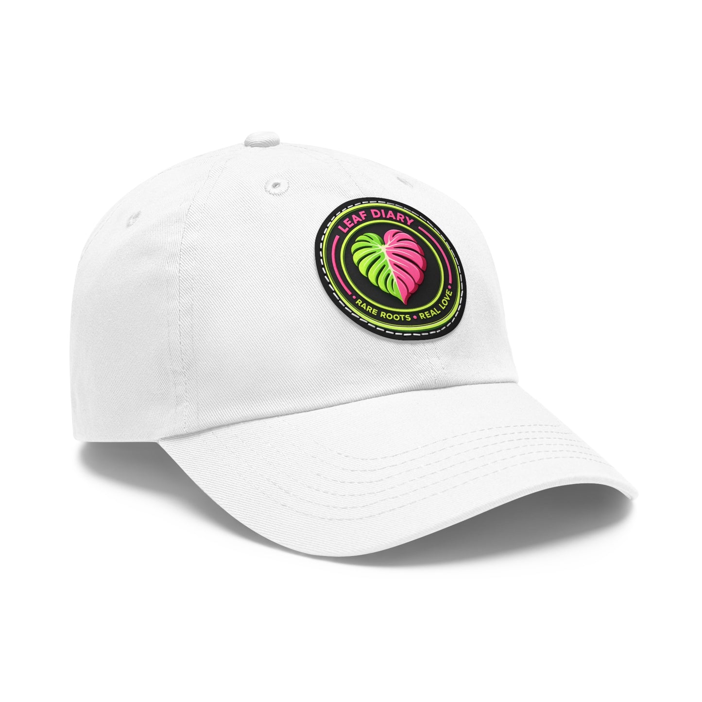White cap with a colorful logo on a white background