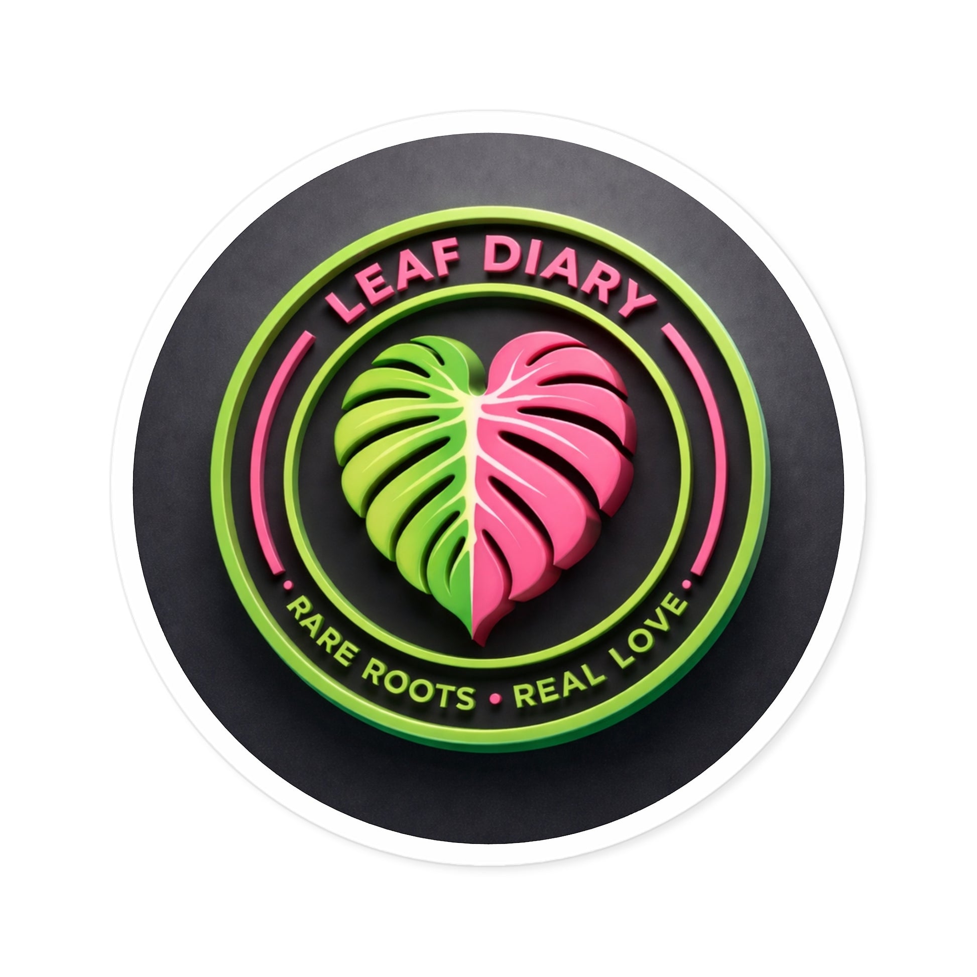 Circular logo with green and pink leaves and text 'Leaf Diary' on a black background
