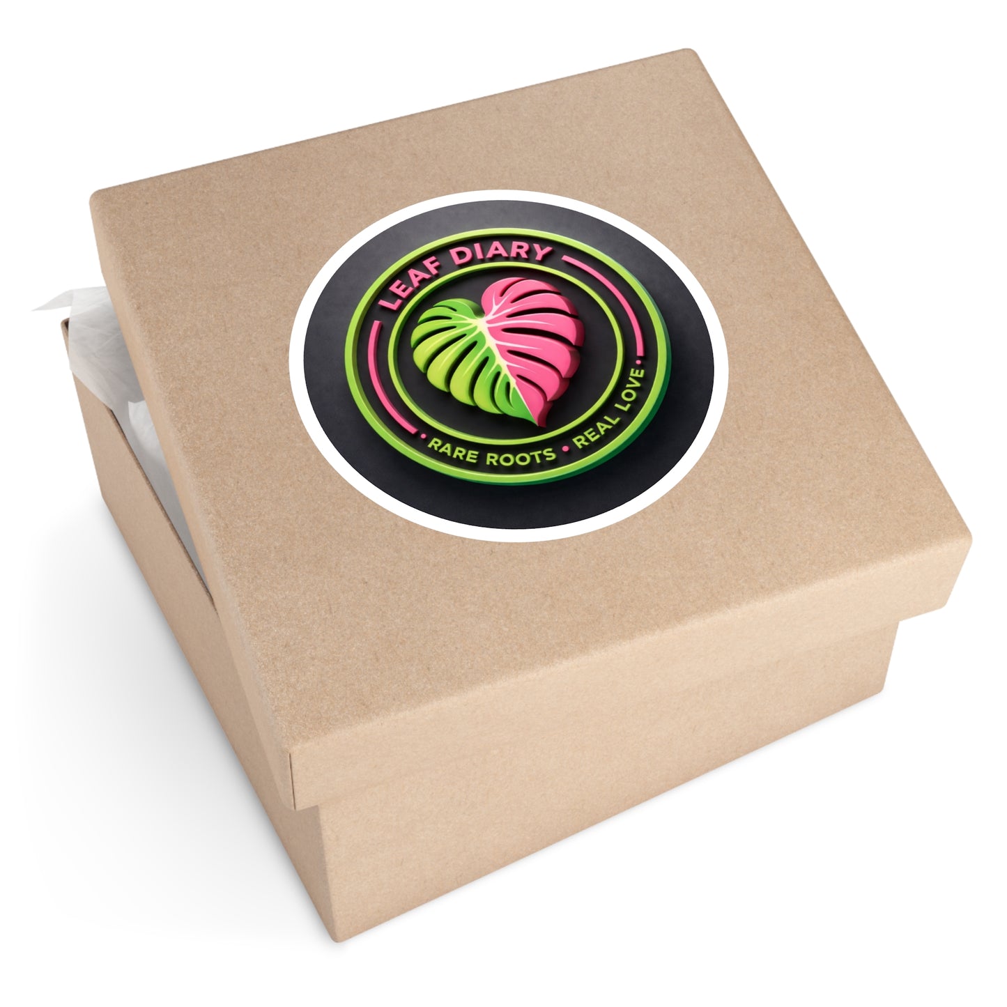 Kraft paper box with a circular logo on a white background