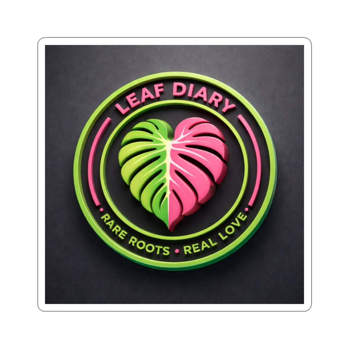 Circular logo with green and pink leaves and text 'Leaf Diary' on a black background