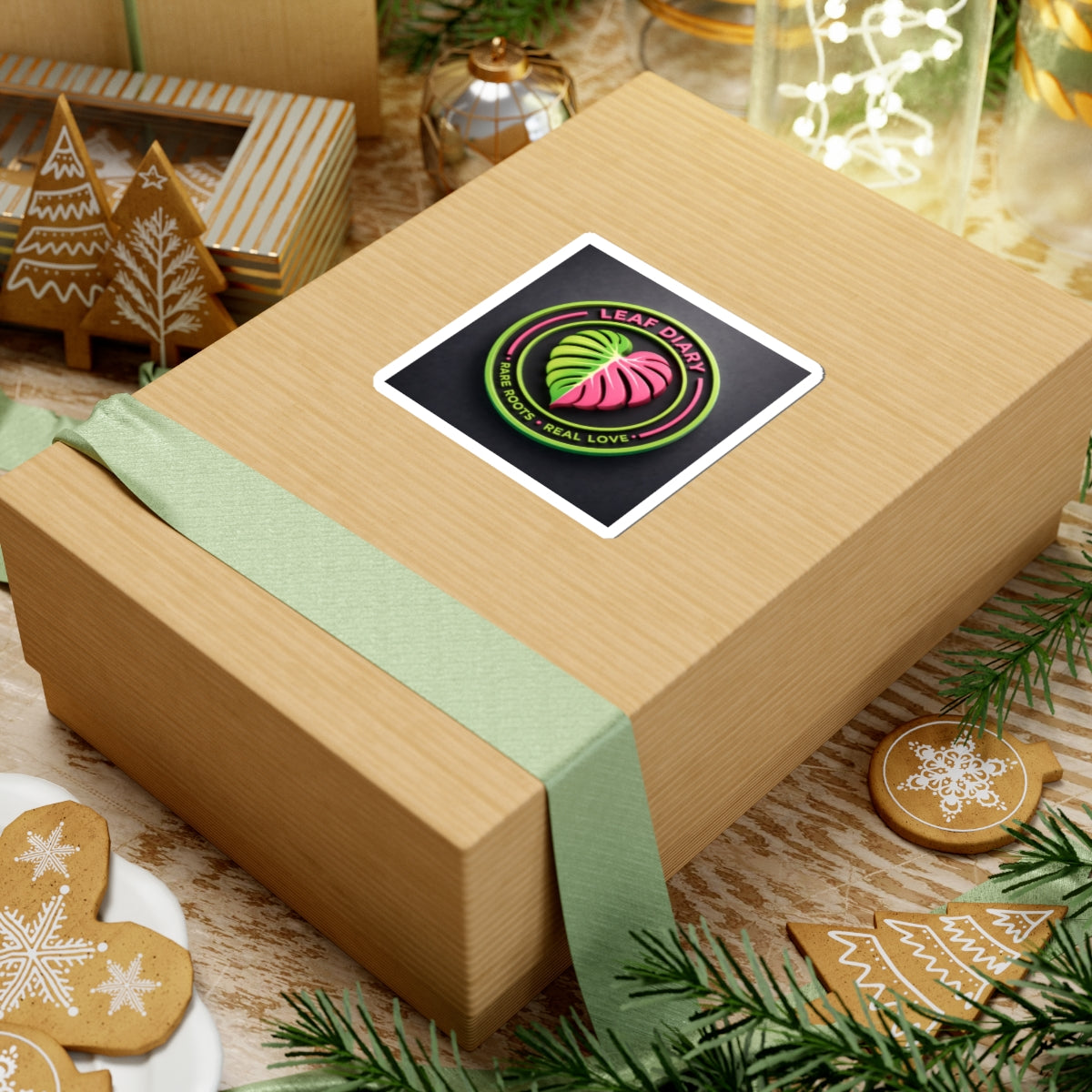 Wooden gift box with a green ribbon and a card on top, surrounded by festive decorations.