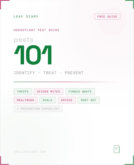 Pests 101 — Free Houseplant Pest Identification and Treatment Guide by Leaf Diary. White cover with green and pink accents listing thrips, spider mites, fungus gnats, mealybugs, scale, aphids, and root rot.
