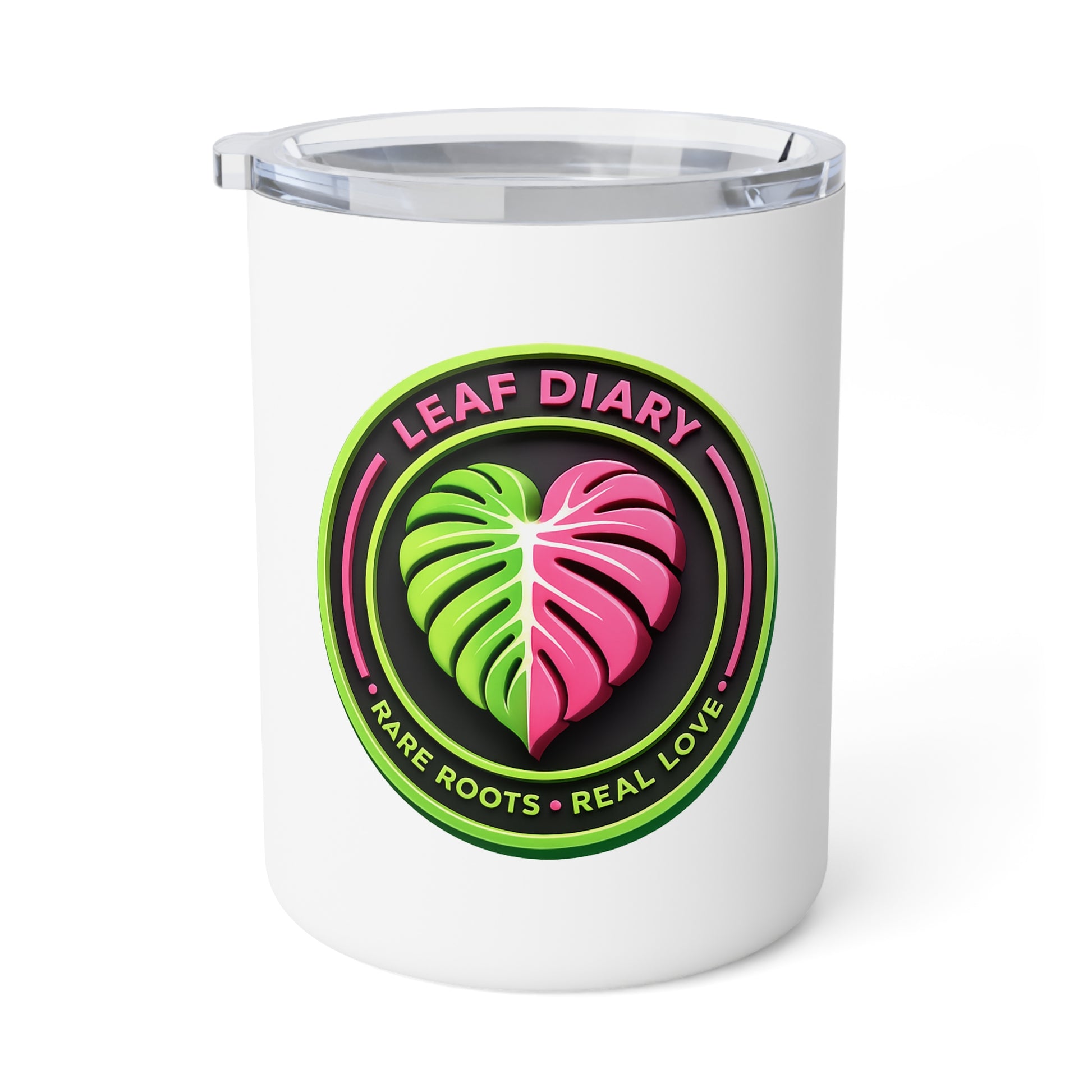 Leaf Diary insulated coffee mug front view featuring neon split monstera heart logo in pink and green with the text “Rare Roots • Real Love” on a black wrap design.