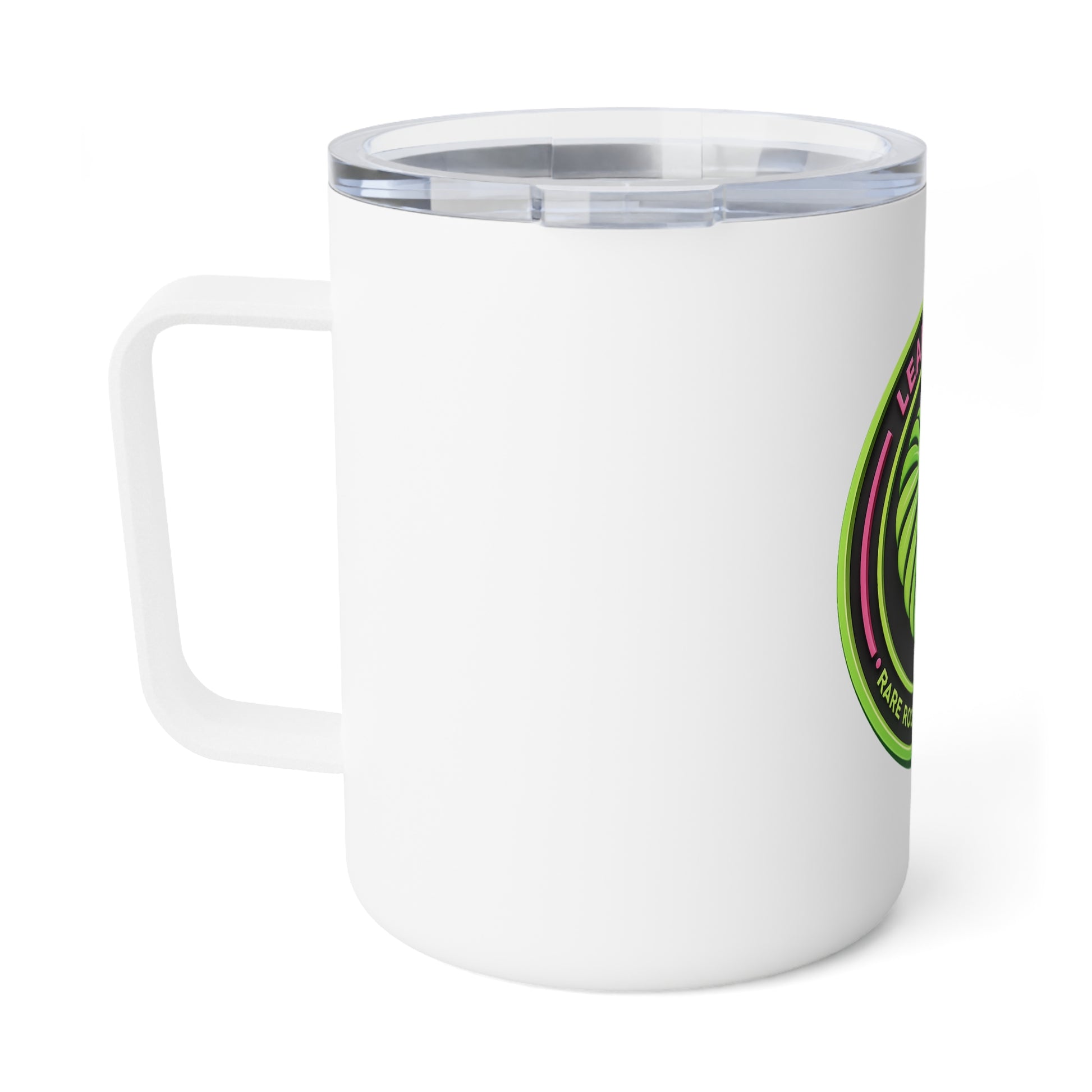 Leaf Diary insulated coffee mug side angle showing full-wrap neon monstera heart logo design in pink and green on a black background.