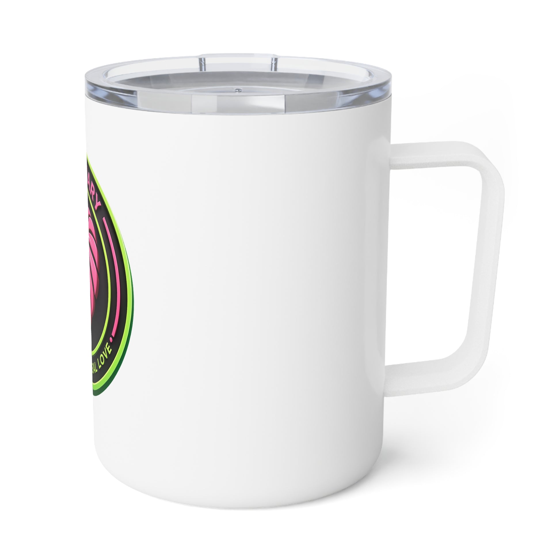 Leaf Diary insulated coffee mug side angle showing full-wrap neon monstera heart logo design in pink and green on a black background.