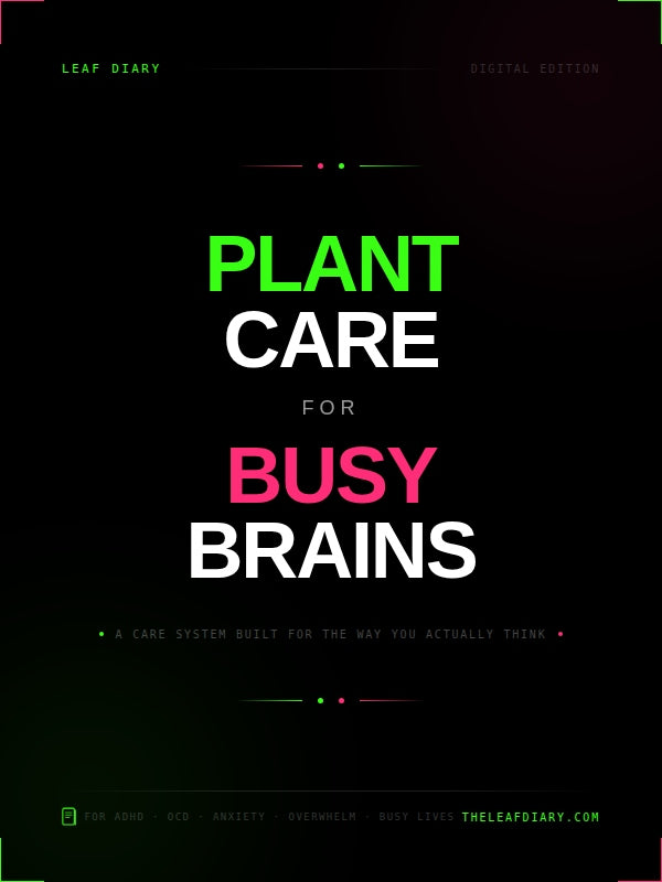 Book cover with text 'Plant Care for Busy Brains' on a black background