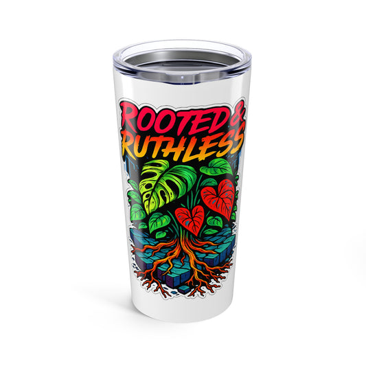 Clear tumbler with colorful design and 'Rooted & Ruthless' text on a white background