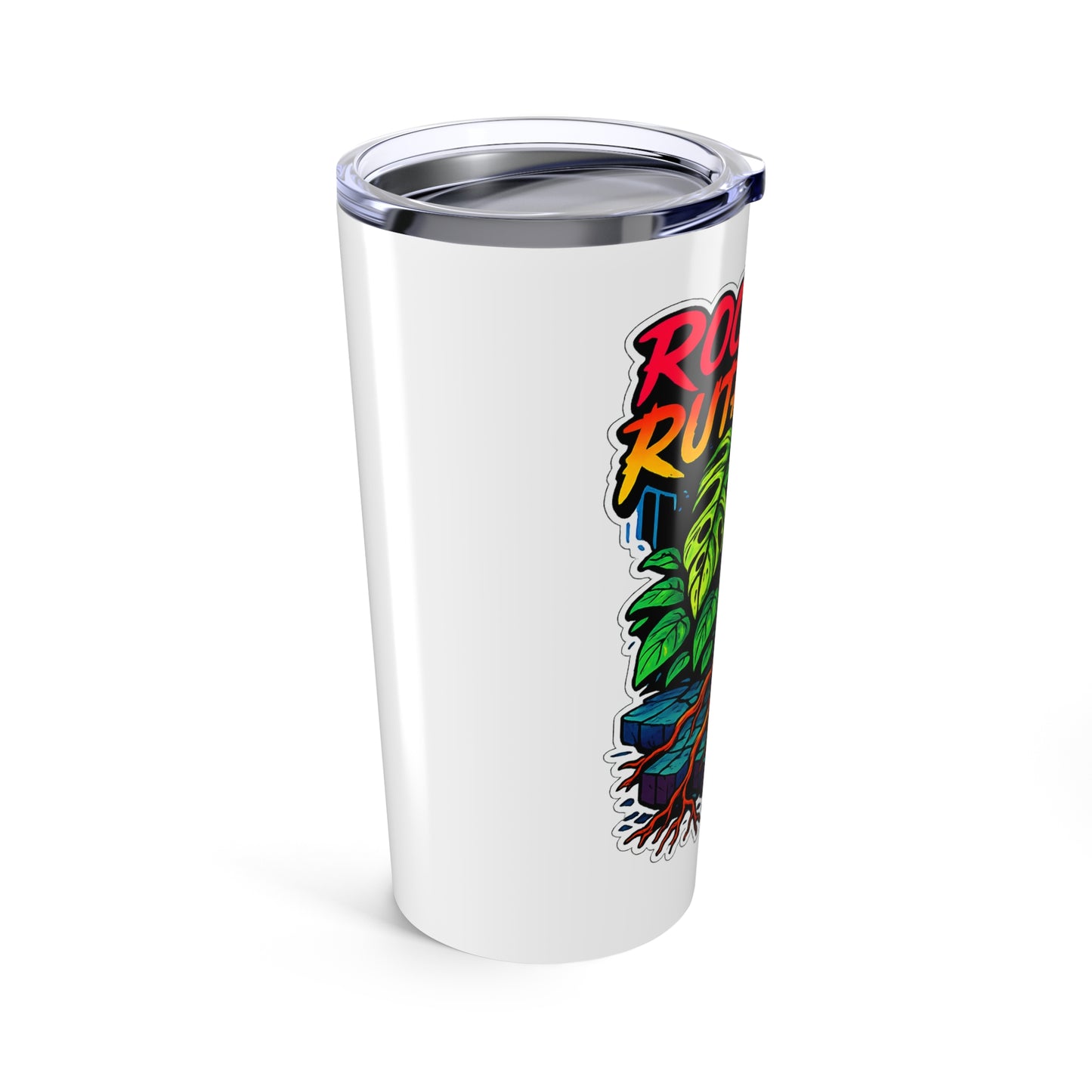 White tumbler with colorful graphic design on a white background