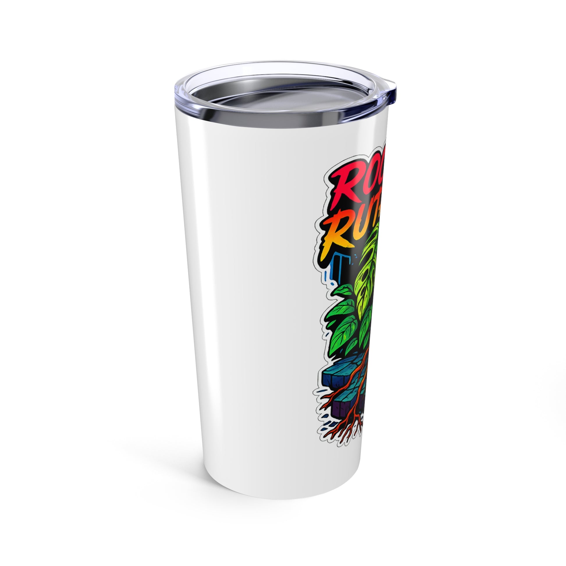 White tumbler with colorful graphic design on a white background